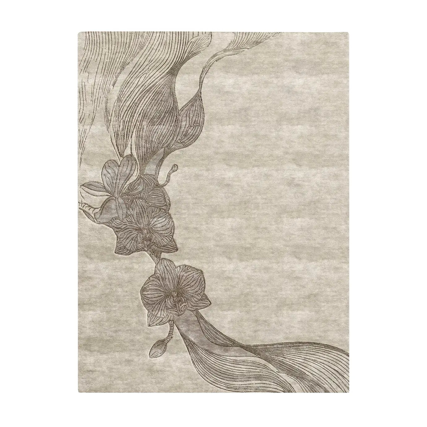 Orchid Taupe Rug by KOKET in a neutral living room, featuring raised orchid-inspired pattern in taupe tones