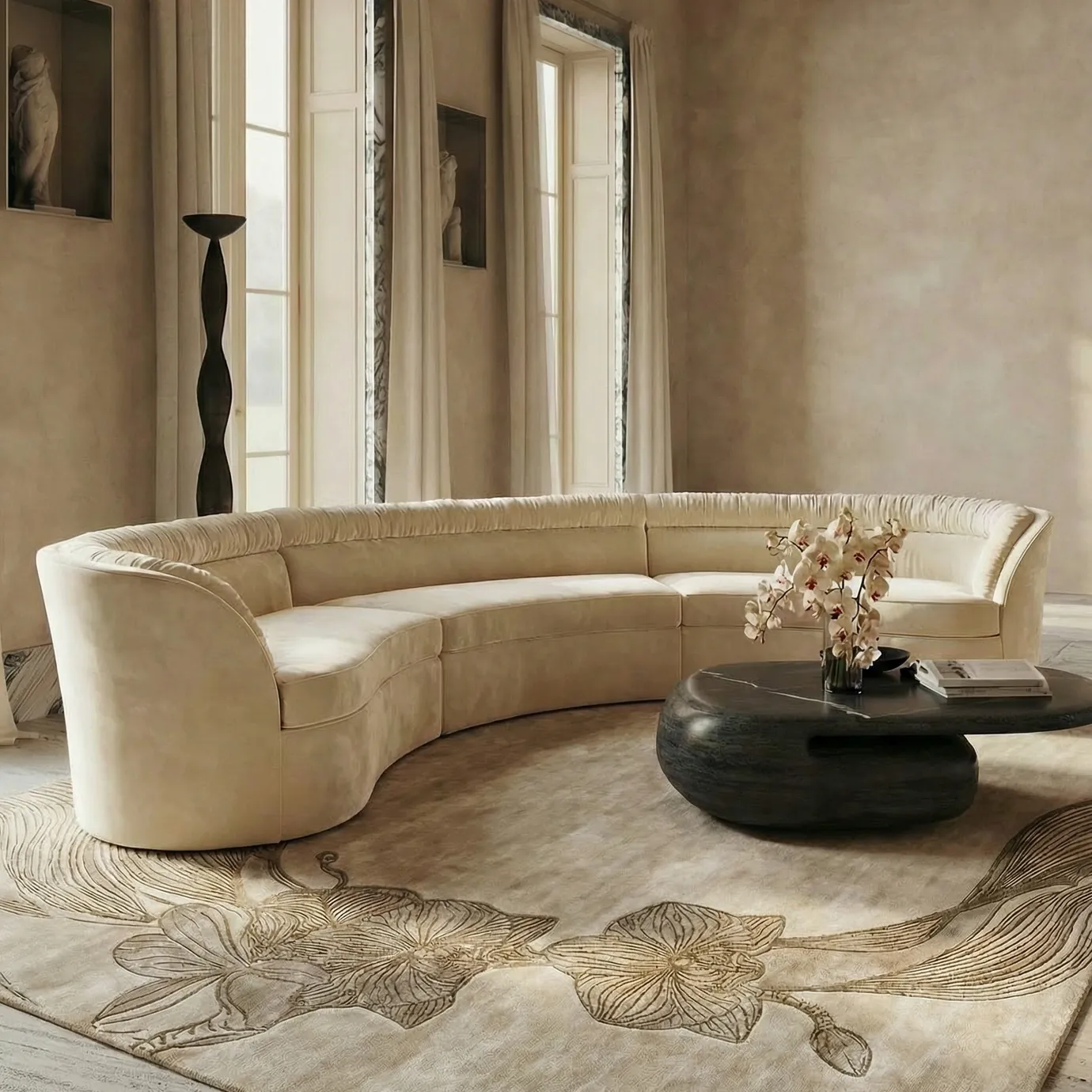 Orchid Taupe Rug by KOKET in a neutral living room, featuring raised orchid-inspired pattern in taupe tones