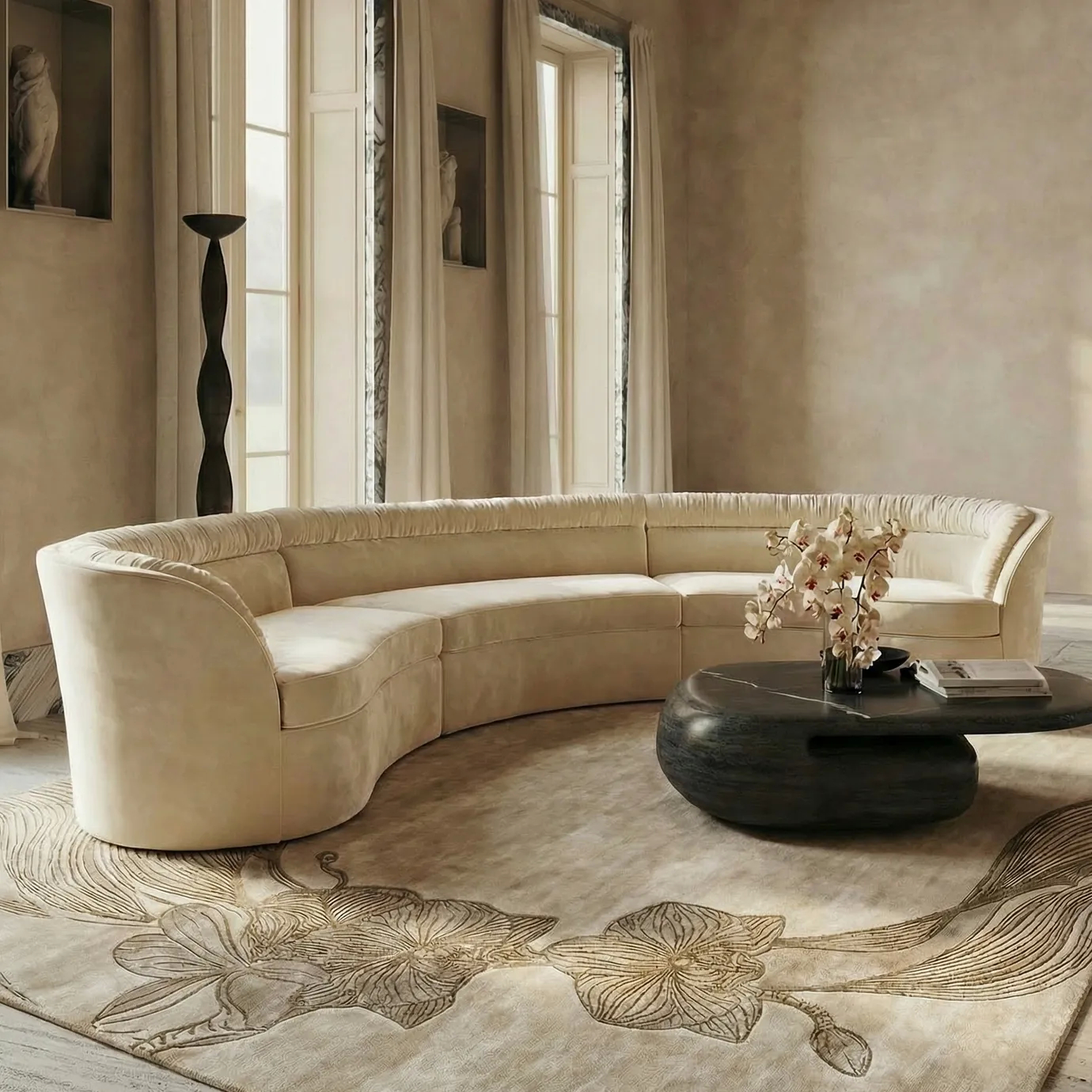 Orchid Taupe Rug by KOKET in a neutral living room, featuring raised orchid-inspired pattern in taupe tones