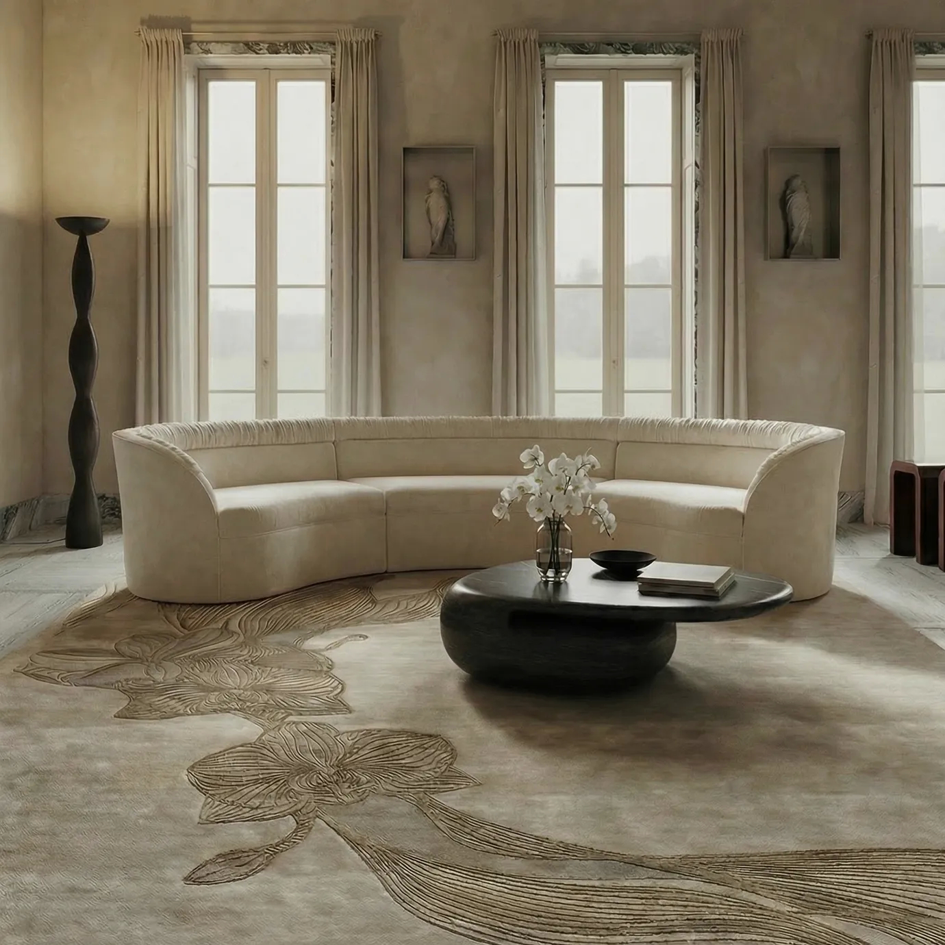KOKET Orchid Taupe Rug in a curved-sofa living room, featuring raised orchid-inspired pattern in layered taupe tones