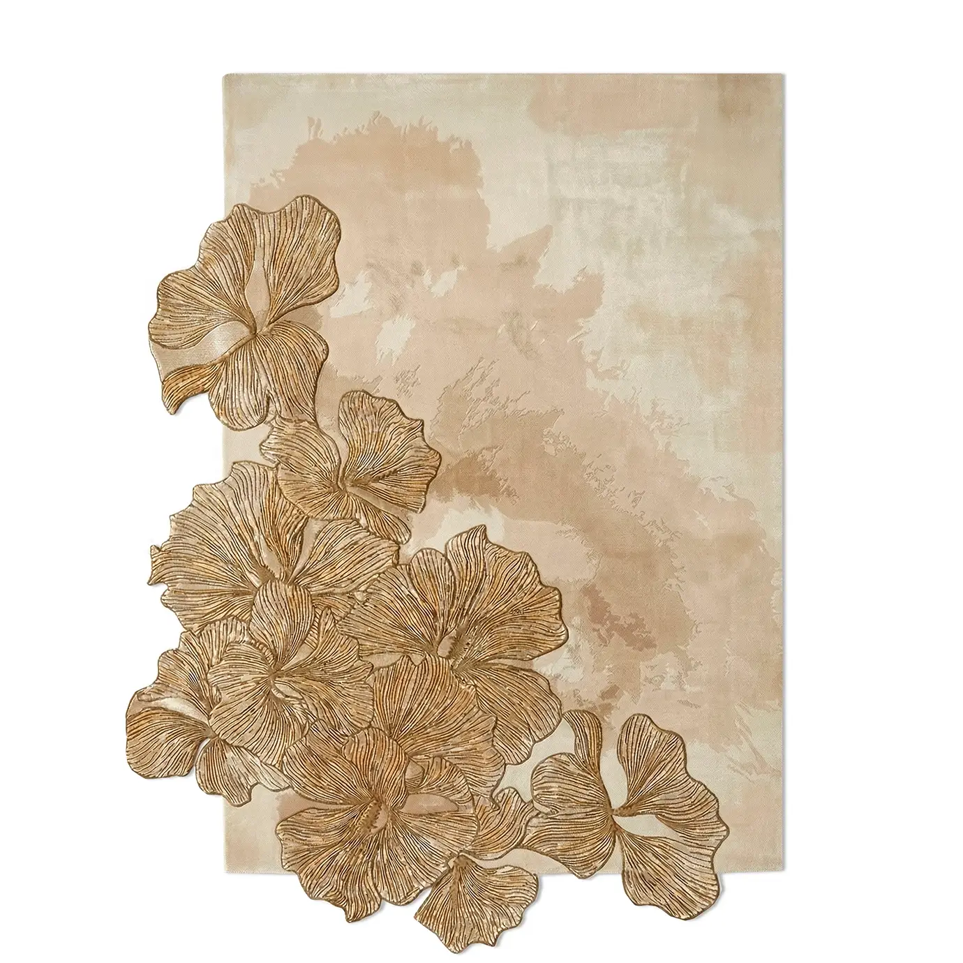 Full view of the KOKET Hibiscus luxury rug featuring an organic arrangement of hand-tufted ginkgo leaves with a metallic bronze finish on a neutral beige background.