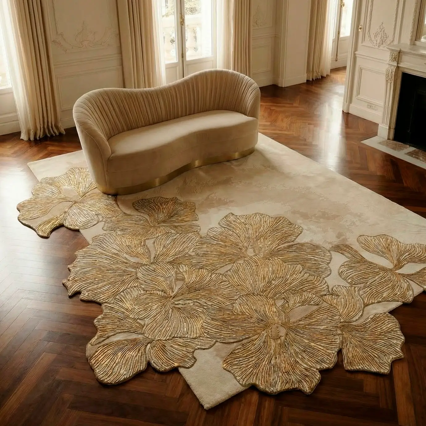 High-end living room showcase with the KOKET Hibiscus rug, featuring irregular edges and shimmering botanical relief on a neutral base.