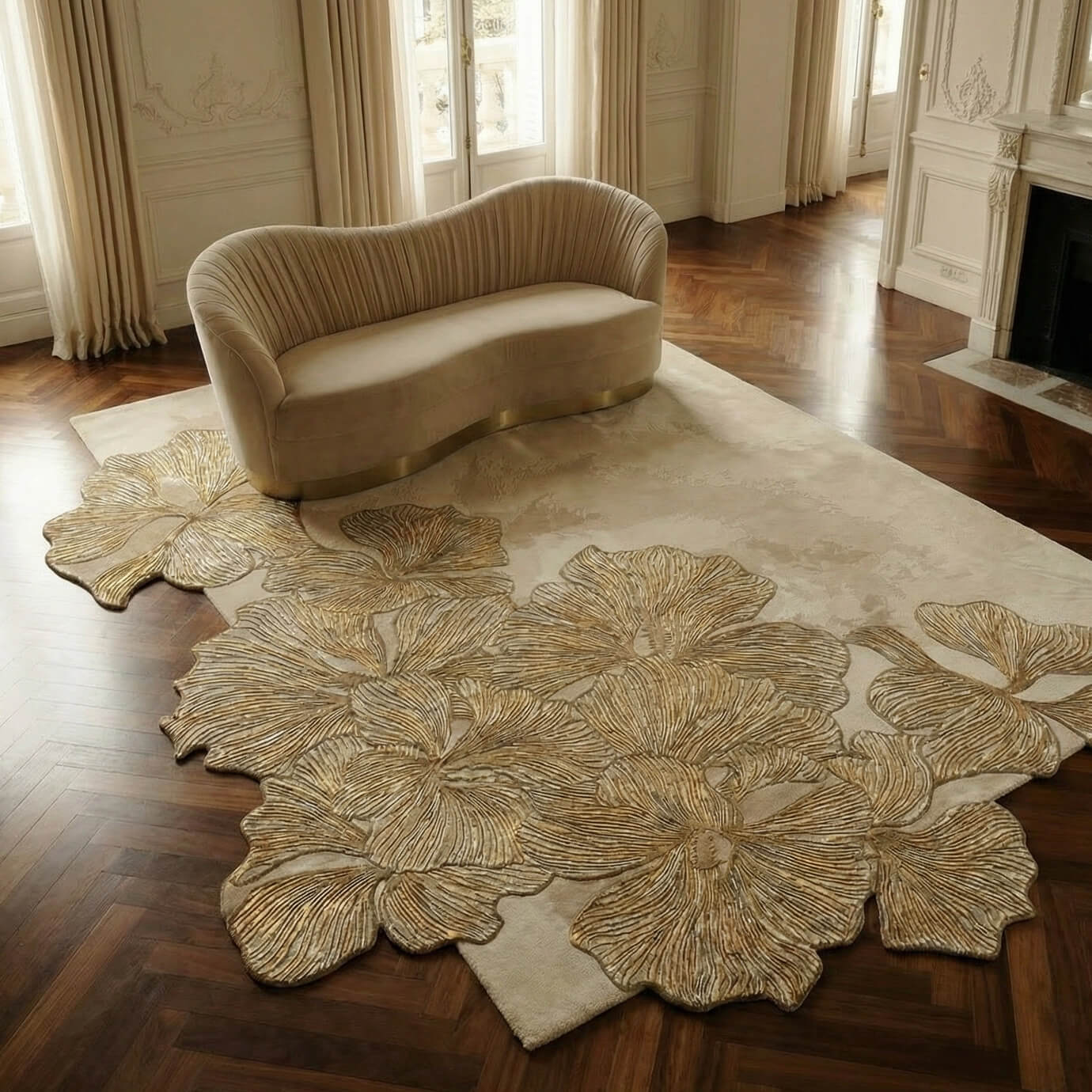 High-end living room showcase with the KOKET Hibiscus rug, featuring irregular edges and shimmering botanical relief on a neutral base.