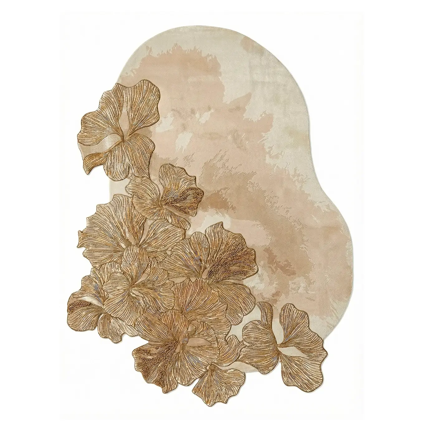 KOKET Hibiscus Round designer rug with a unique organic shape, featuring metallic gold botanical motifs and hand-tufted textures.