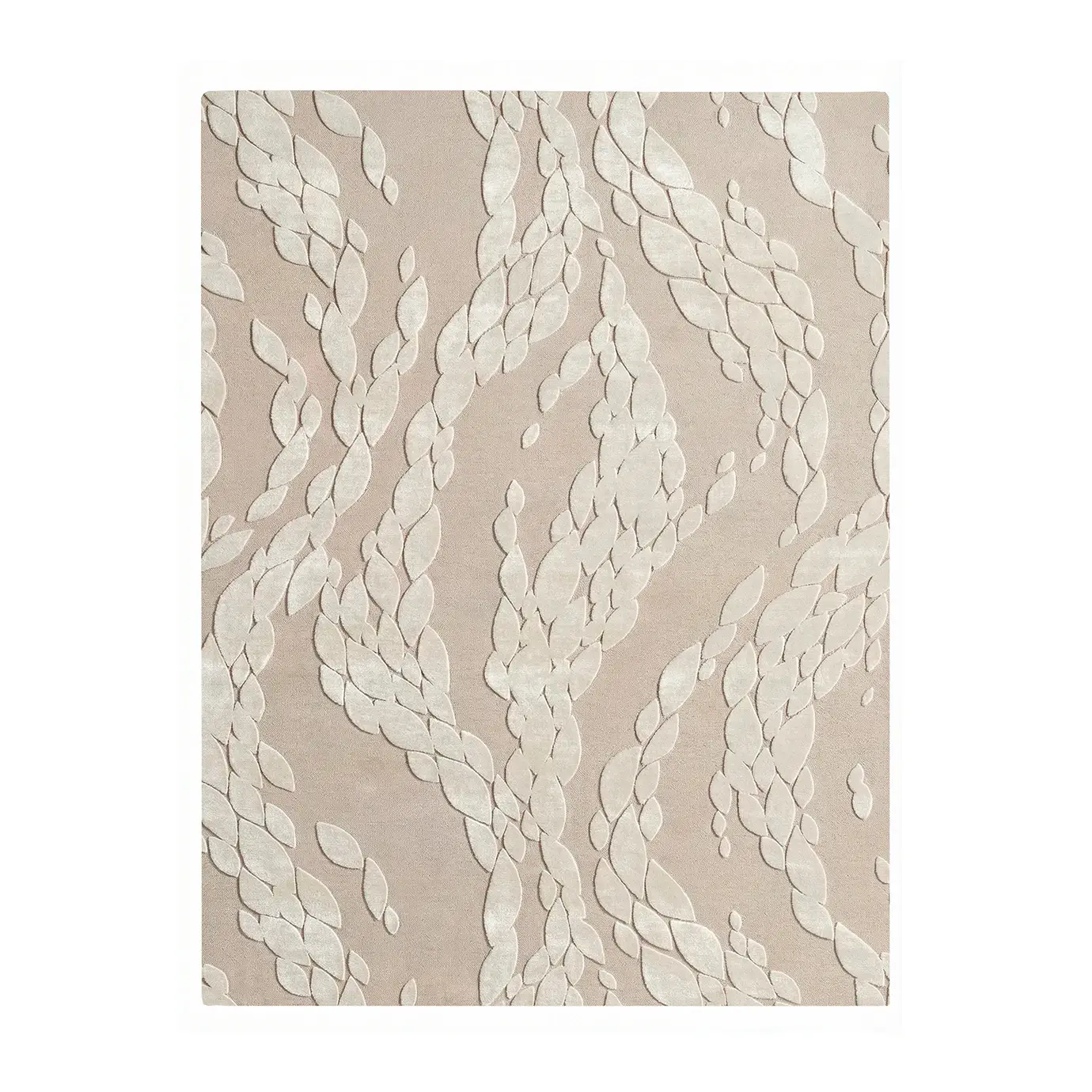 Full view of a neutral KOKET luxury rug featuring a contemporary leaf motif with hand-tufted relief textures in a tonal cream palette.