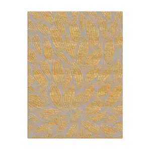 Overhead view of the KOKET luxury rug in grey and gold, featuring a stylized mosaic leaf pattern with shimmering metallic accents