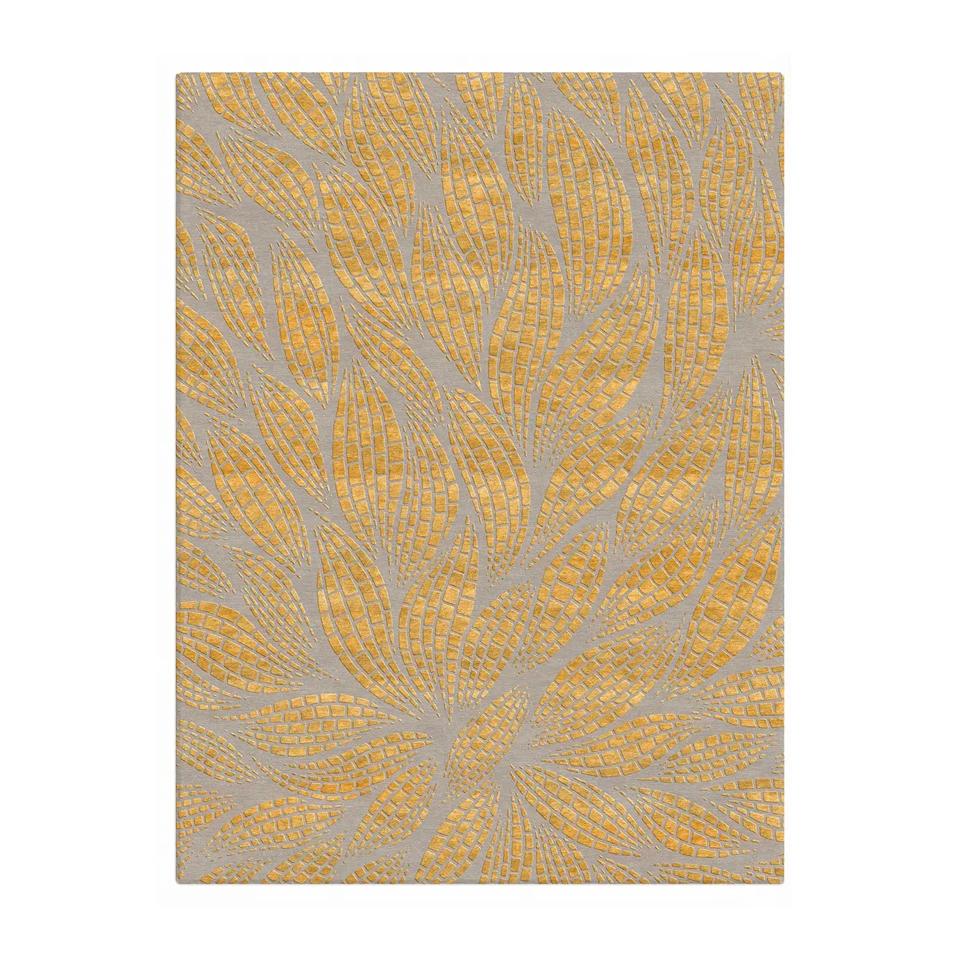 Overhead view of the KOKET luxury rug in grey and gold, featuring a stylized mosaic leaf pattern with shimmering metallic accents