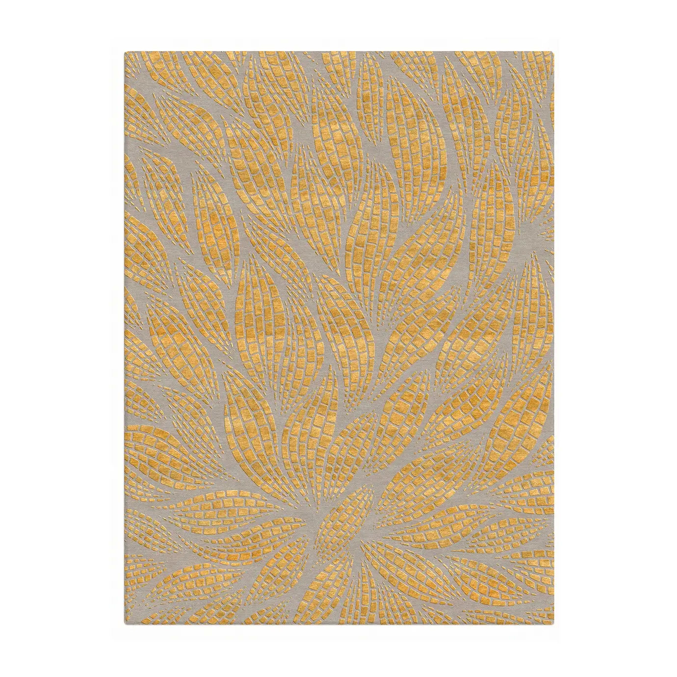 Overhead view of the KOKET luxury rug in grey and gold, featuring a stylized mosaic leaf pattern with shimmering metallic accents