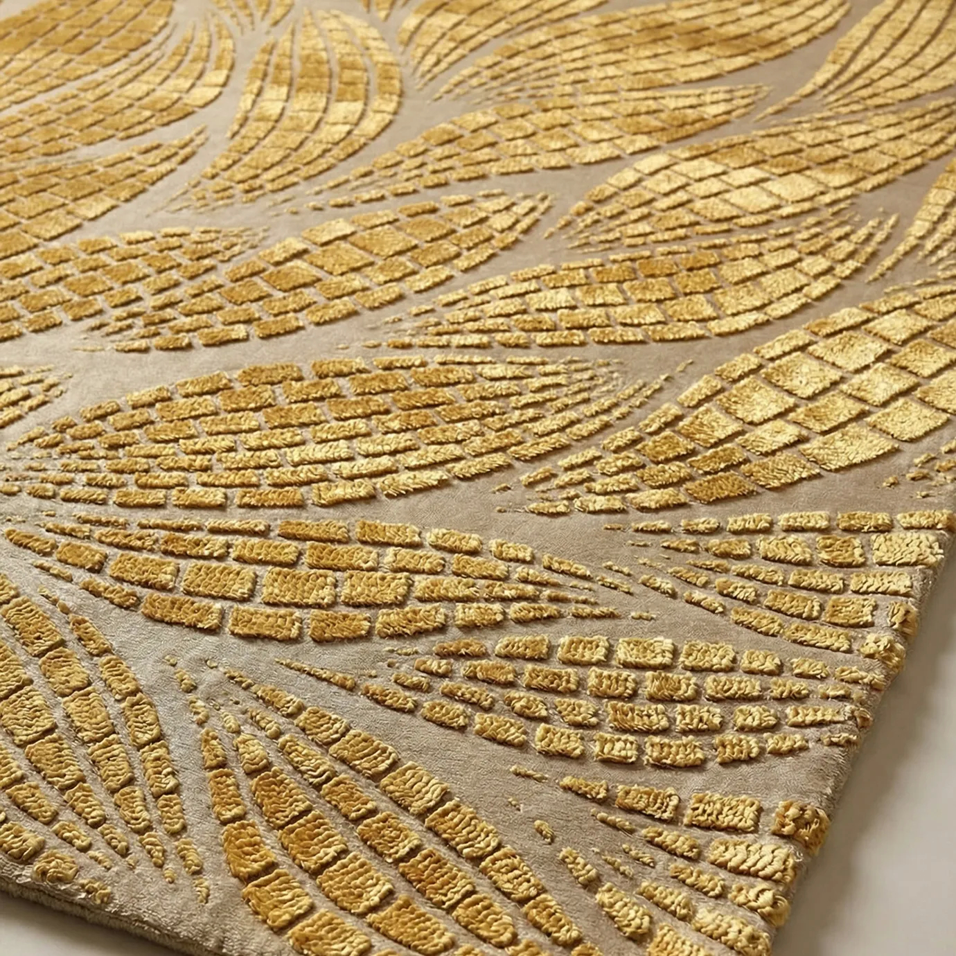 KOKET Terra Wheat Rug close-up showing sculpted geometric relief pattern in wheat-gold tones on a neutral base