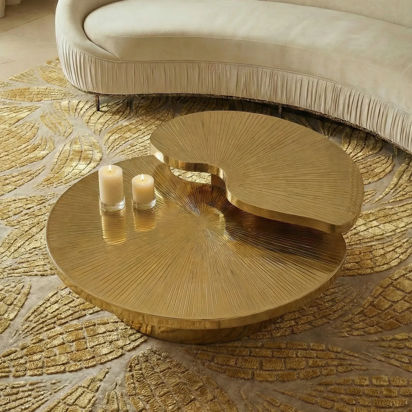 KOKET Terra Wheat Rug styled in a living room, highlighting wheat-gold sculpted texture beneath a gold coffee table