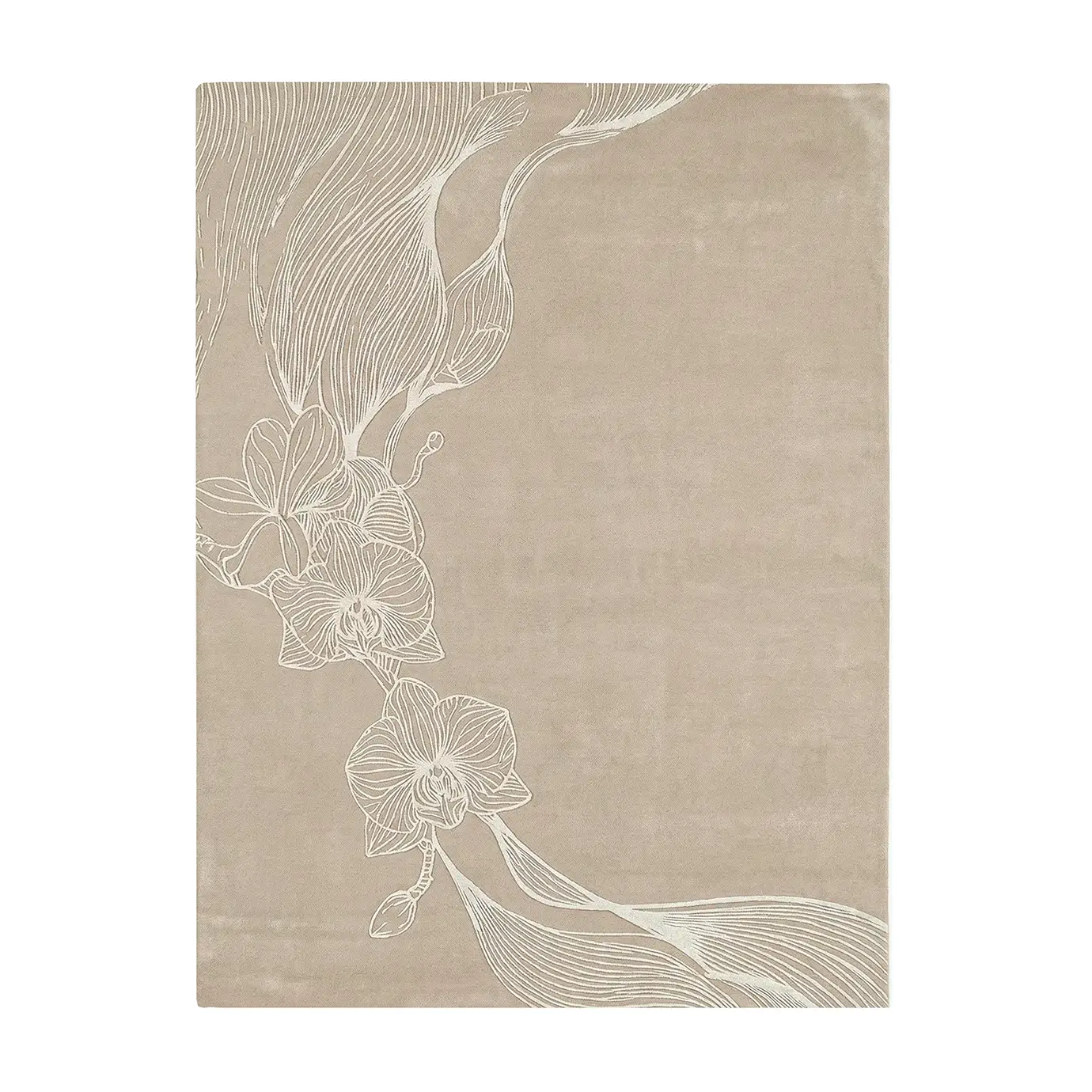 Minimalist KOKET Orchid rug in a soft cream palette with white floral line art, showcasing a delicate and elegant orchid design for luxury bedrooms.