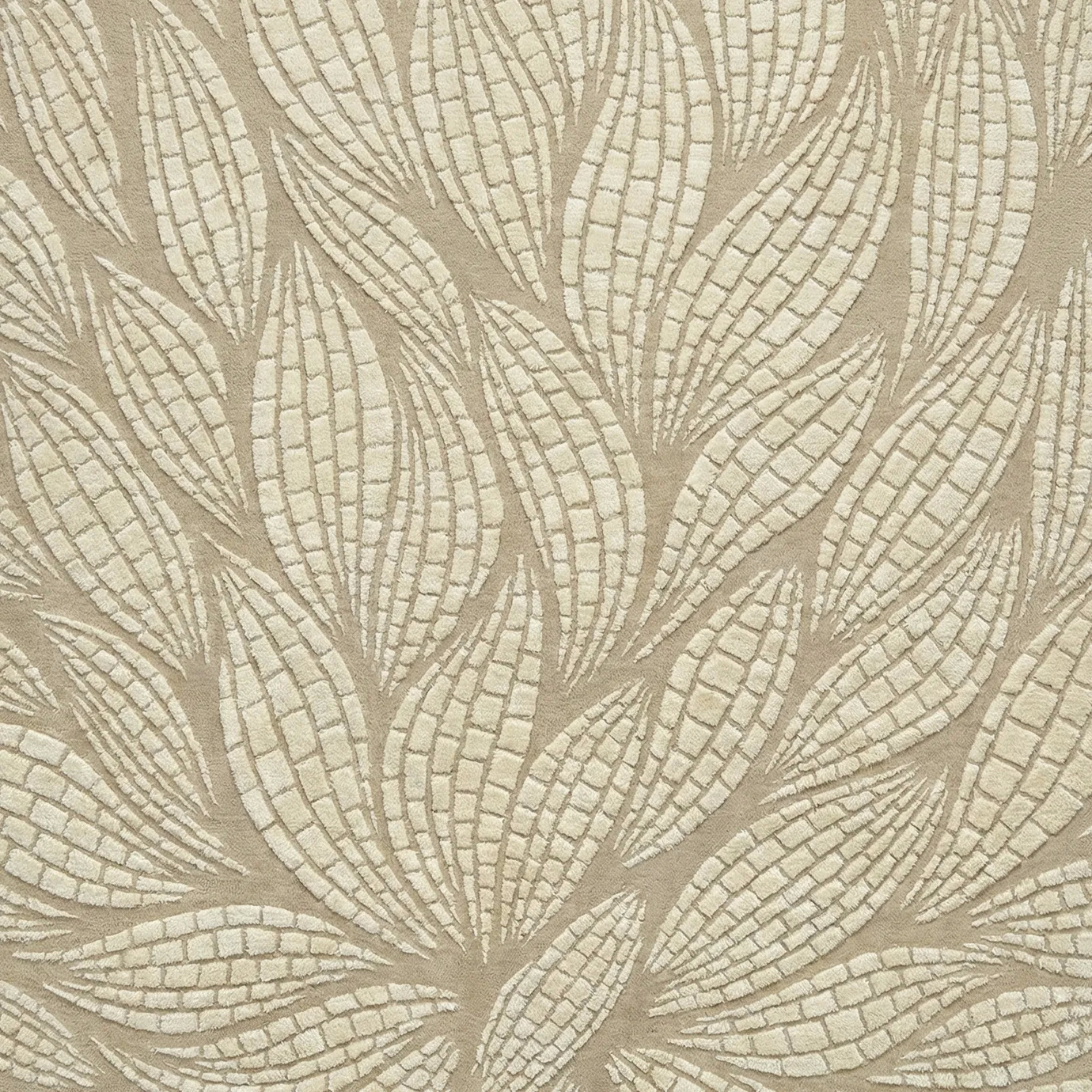 KOKET Terra Sand Rug with ivory raised leaf pattern on a soft sand-toned wool base