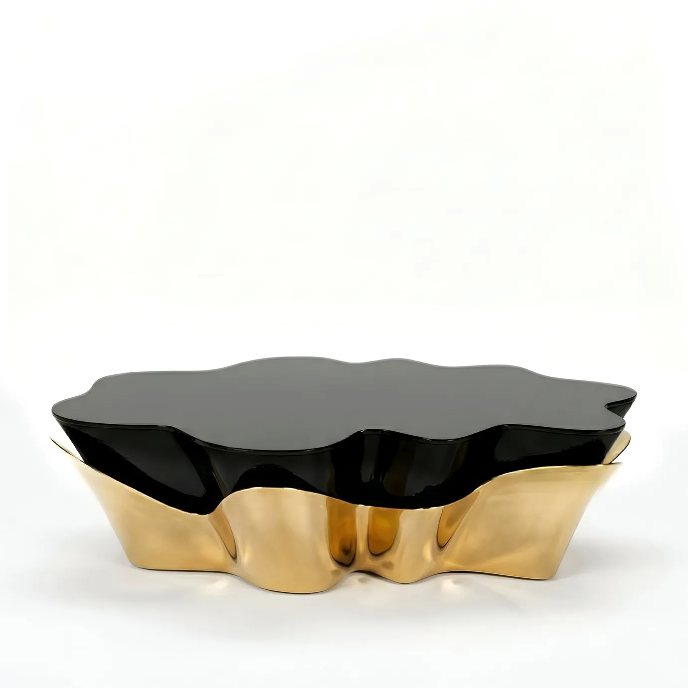 Yasmine Coffee Table by KOKET featuring a sculptural polished brass base and glossy black lacquer top, luxury designer coffee table.