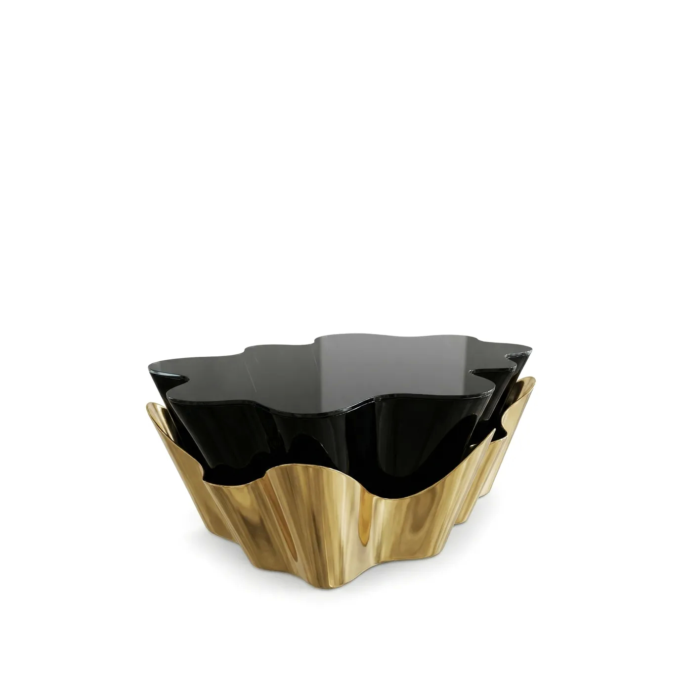 Yasmine Coffee Table by KOKET with sculptural polished brass base and glossy black lacquer top, contemporary luxury coffee table with organic silhouette.