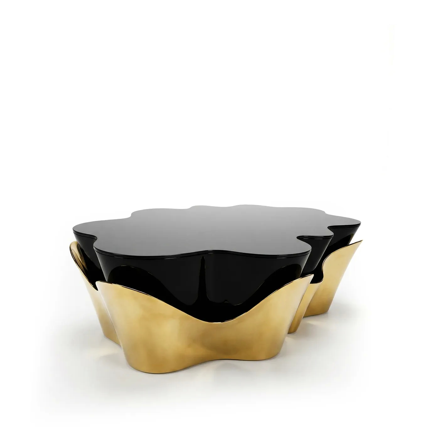 Yasmine Coffee Table by KOKET featuring an organic sculptural form with polished brass base and glossy black lacquer top, luxury contemporary coffee table design.