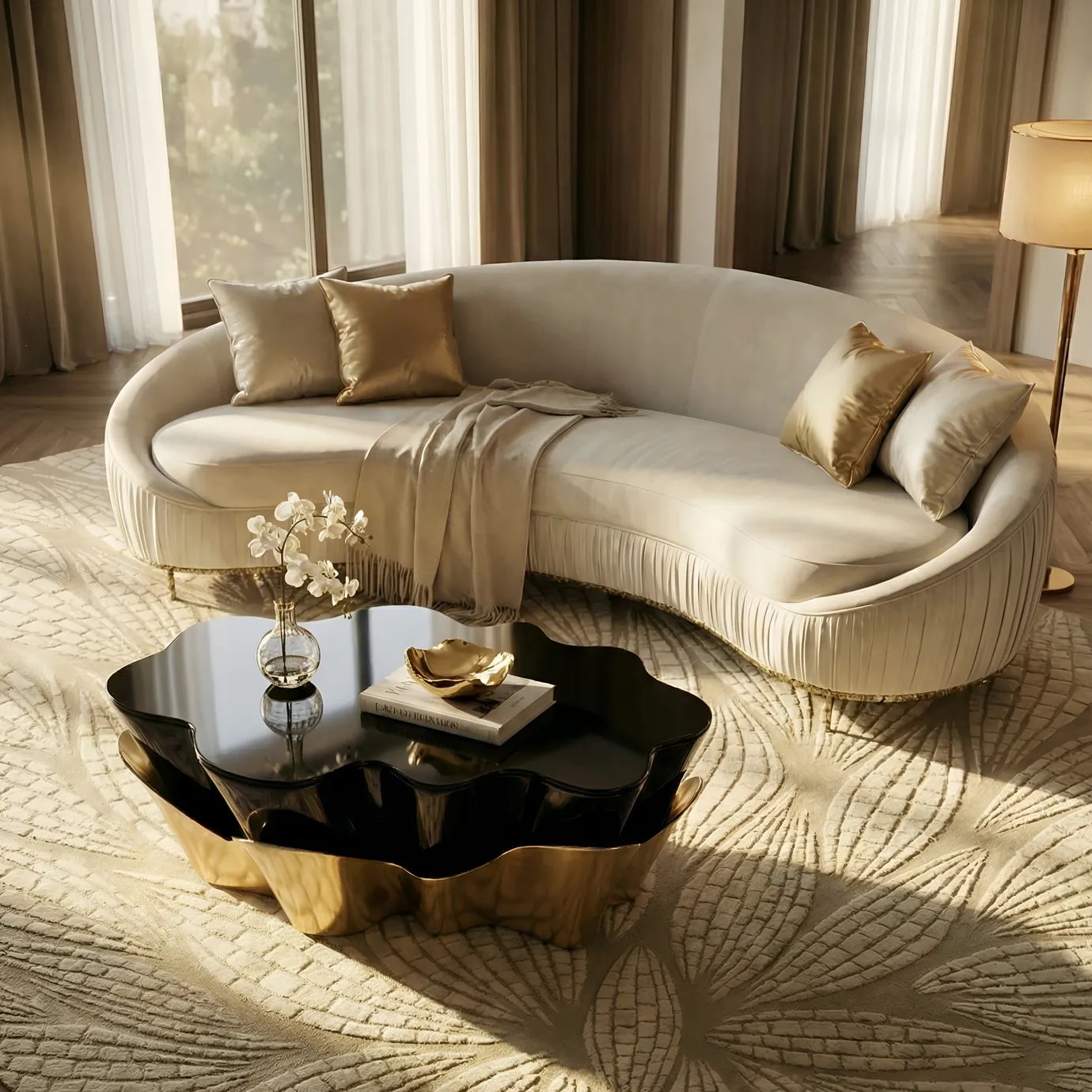 Yasmine Coffee Table by KOKET featuring a sculptural polished brass base and glossy black lacquer top, styled with the Vamp metal base sofa and the Terra Sand Rug from KOKET’s new rug collection in a sophisticated luxury living room.