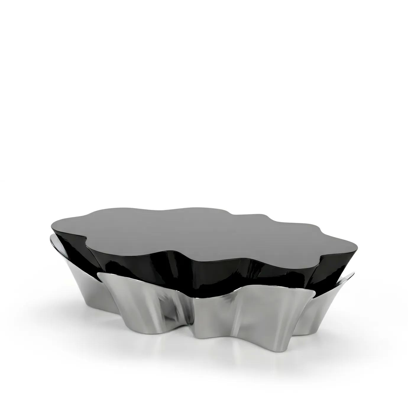 Yasmine Coffee Table by KOKET with polished silver metal base and glossy black lacquer top, sculptural luxury coffee table design.