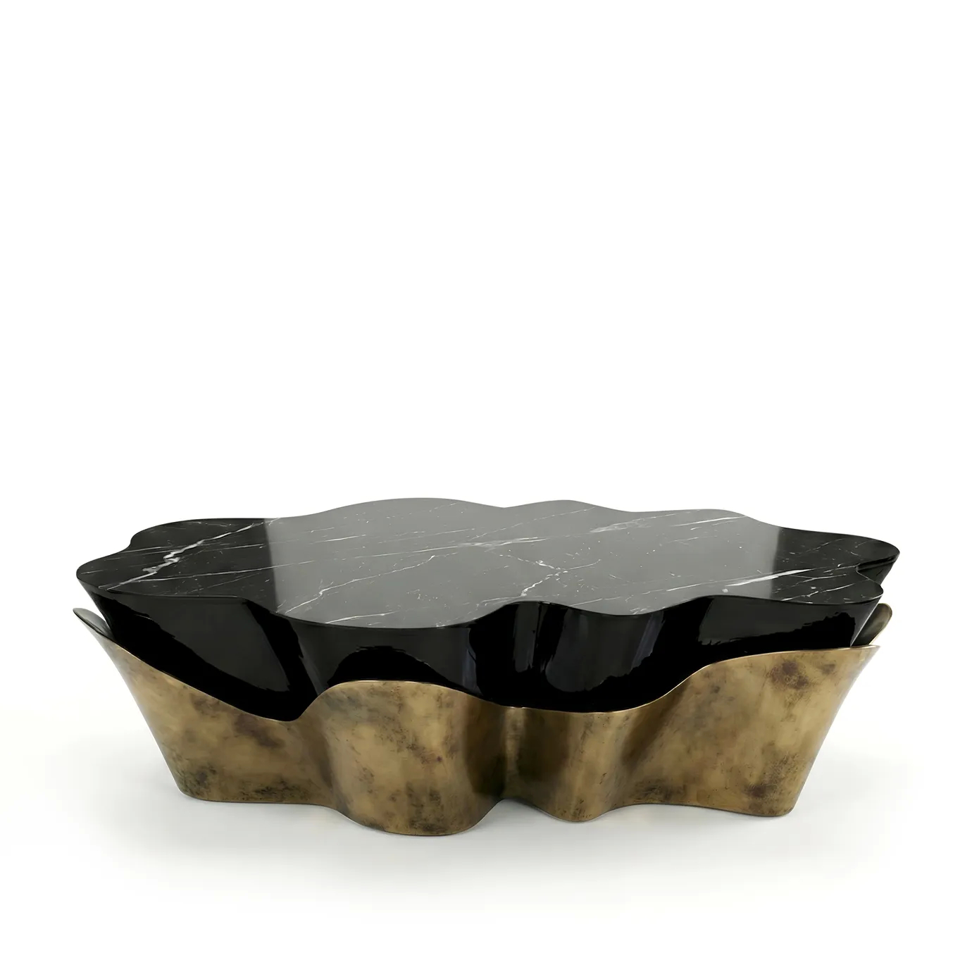 KOKET Yasmine Coffee Table in Aged Gold Powder, sculptural undulating base with a Nero Marquina marble top.