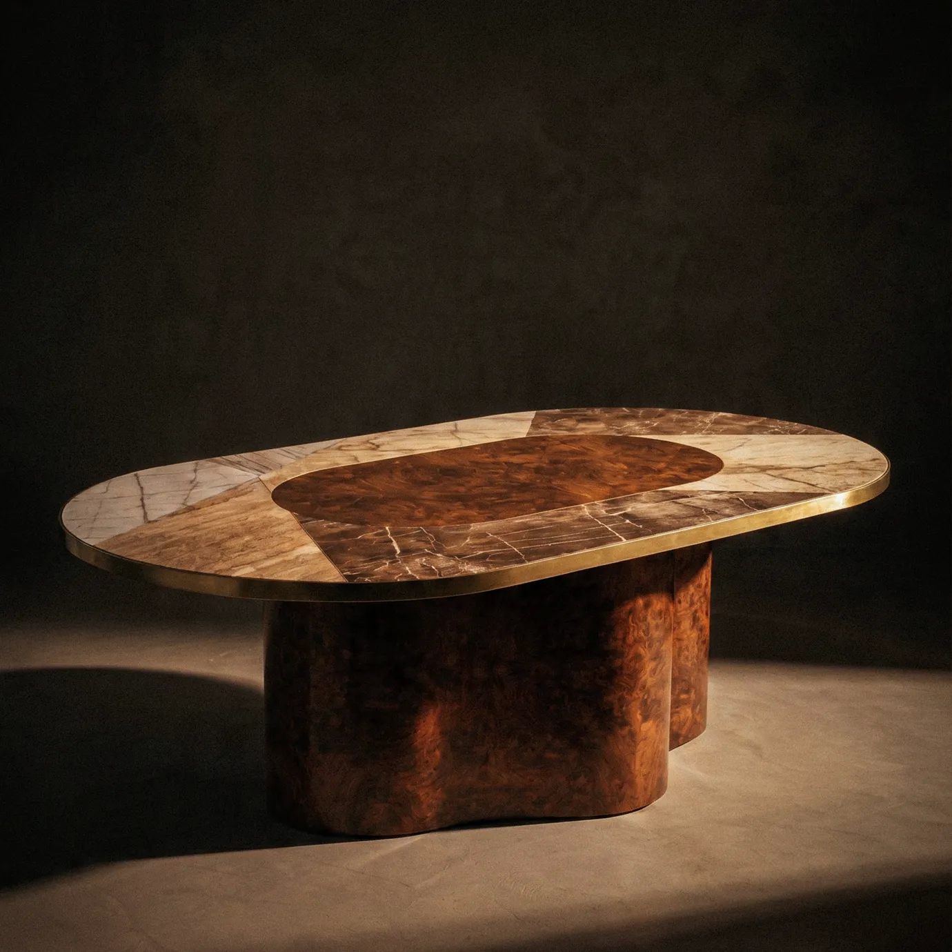 Decodiva dining table by KOKET in a dark interior, marble and walnut root top with a satin brass rim on a walnut root base.