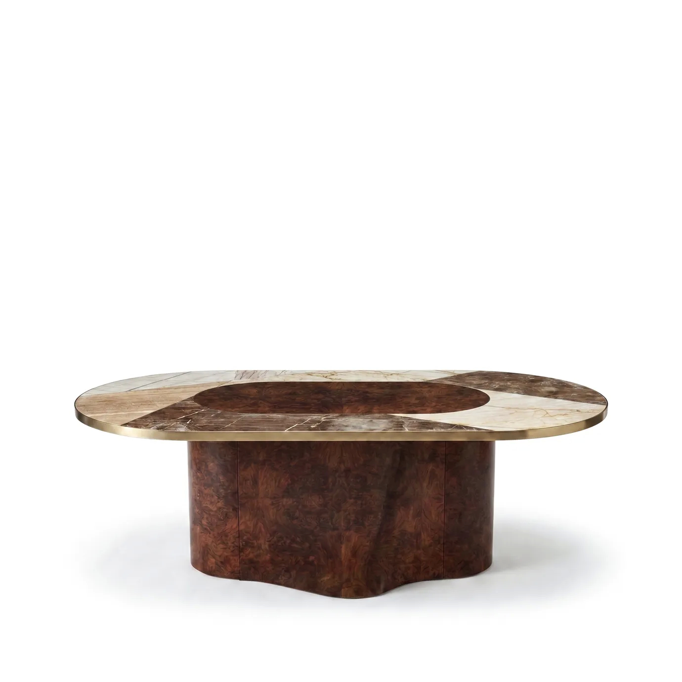 Decodiva dining table by KOKET, oval marquetry top in marble and walnut root, satin brass rim, sculptural walnut root base.