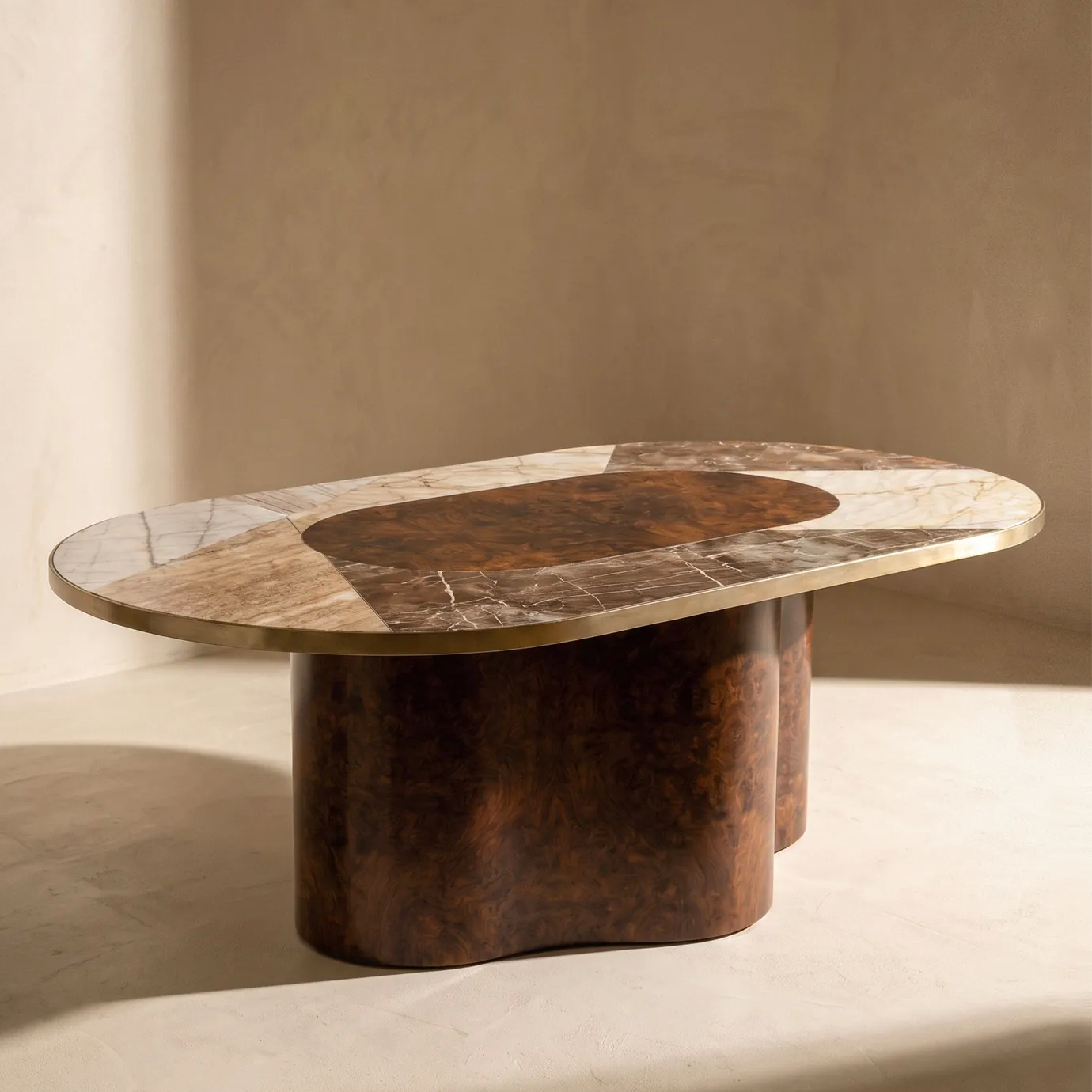 Decodiva dining table by KOKET in a sunlit interior, oval marble and walnut root top on a curved walnut root base.