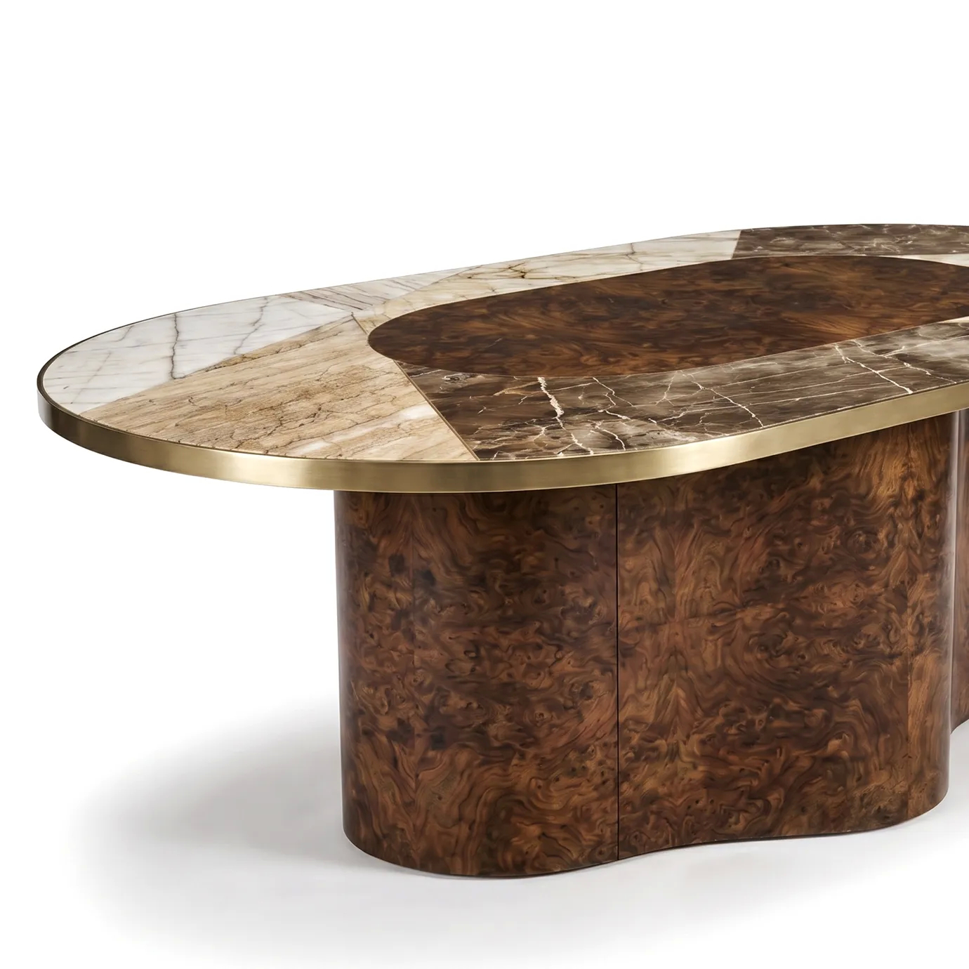 Sculptural walnut root base and satin brass edge detail on Decodiva dining table by KOKET.