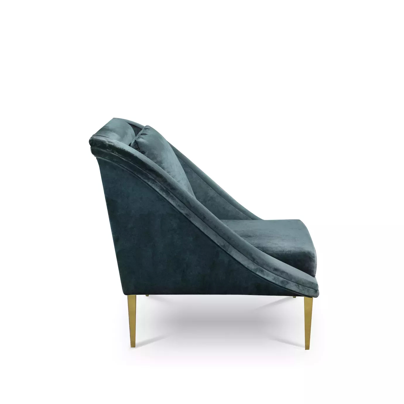 Elegant side view of Geisha Chair upholstered in petrol blue velvet with matching cushion and golden legs.