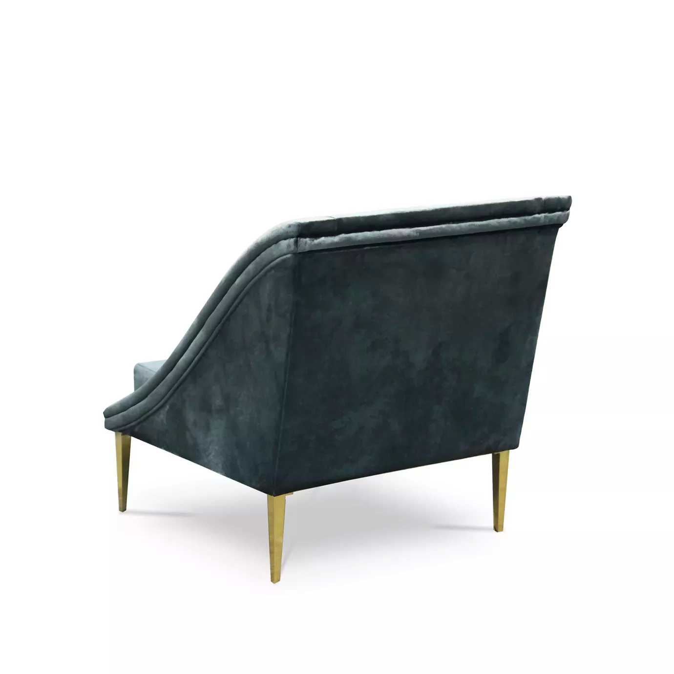 Elegant back view of Geisha Chair upholstered in petrol blue velvet with matching cushion and golden legs.