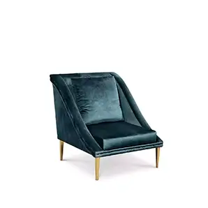 Elegant Geisha Chair upholstered in petrol blue velvet with matching cushion and golden legs.