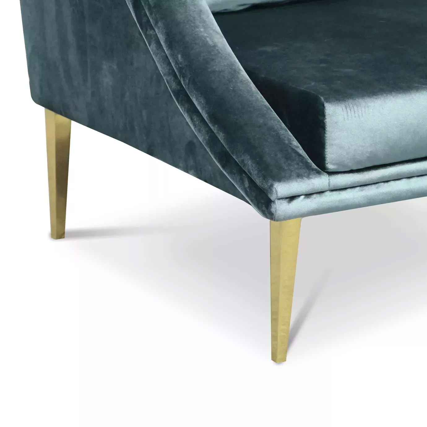 Elegant close-up of the petrol blue velvet upholstery and golden legs of the Geisha Chair.