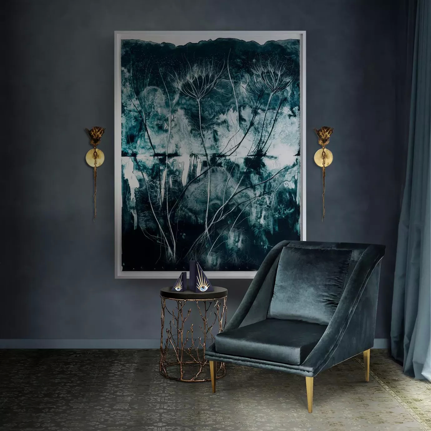 Elegant Geisha Chair upholstered in petrol blue velvet with matching cushion and golden legs in a sophisticated room with abstract art and a side table with a metal base
