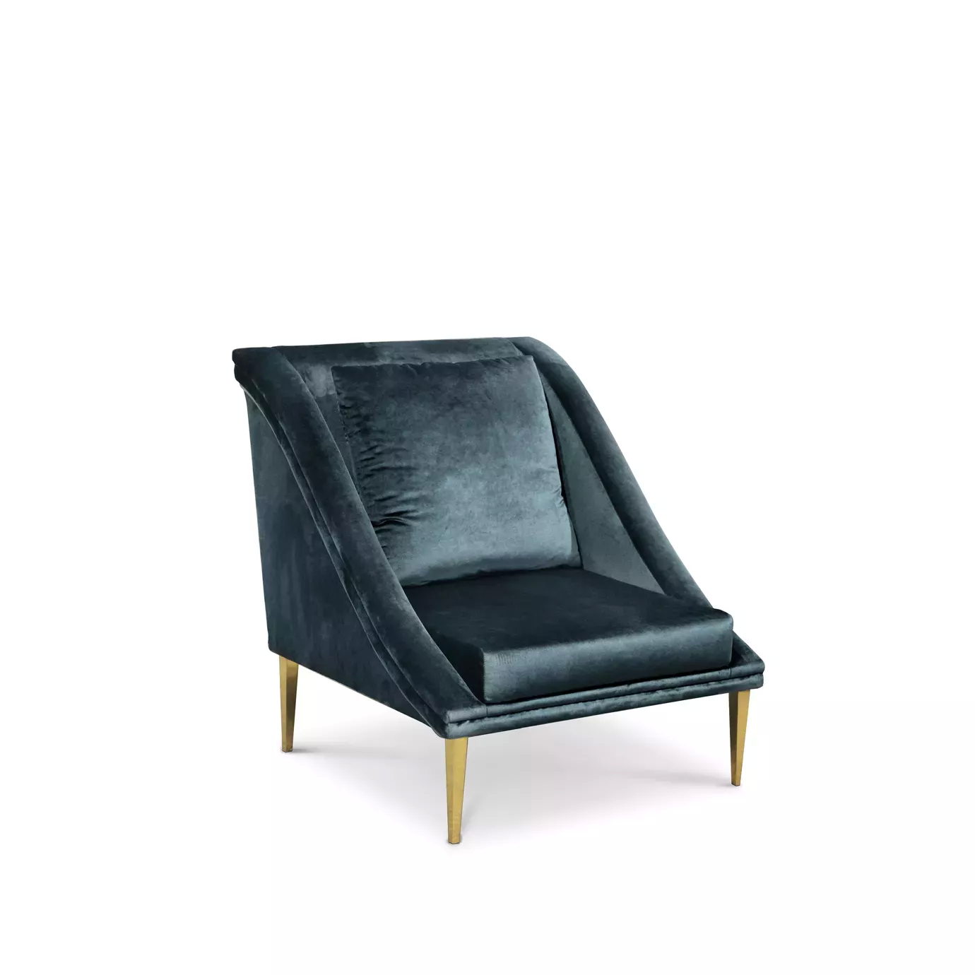 Elegant Geisha Chair upholstered in petrol blue velvet with matching cushion and golden legs.