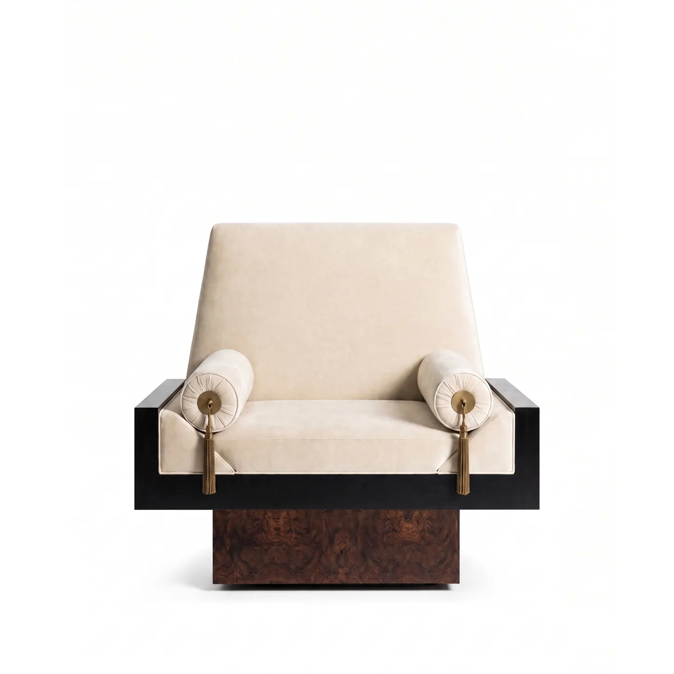 Lola armchair by KOKET in cream velvet, bolsters with polished brass medallions and tassels, black lacquer and walnut veneer.