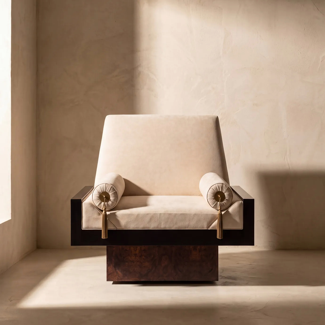 Lola armchair by KOKET in a sunlit plaster interior, cream velvet, polished brass medallions, gold tassels, walnut base.