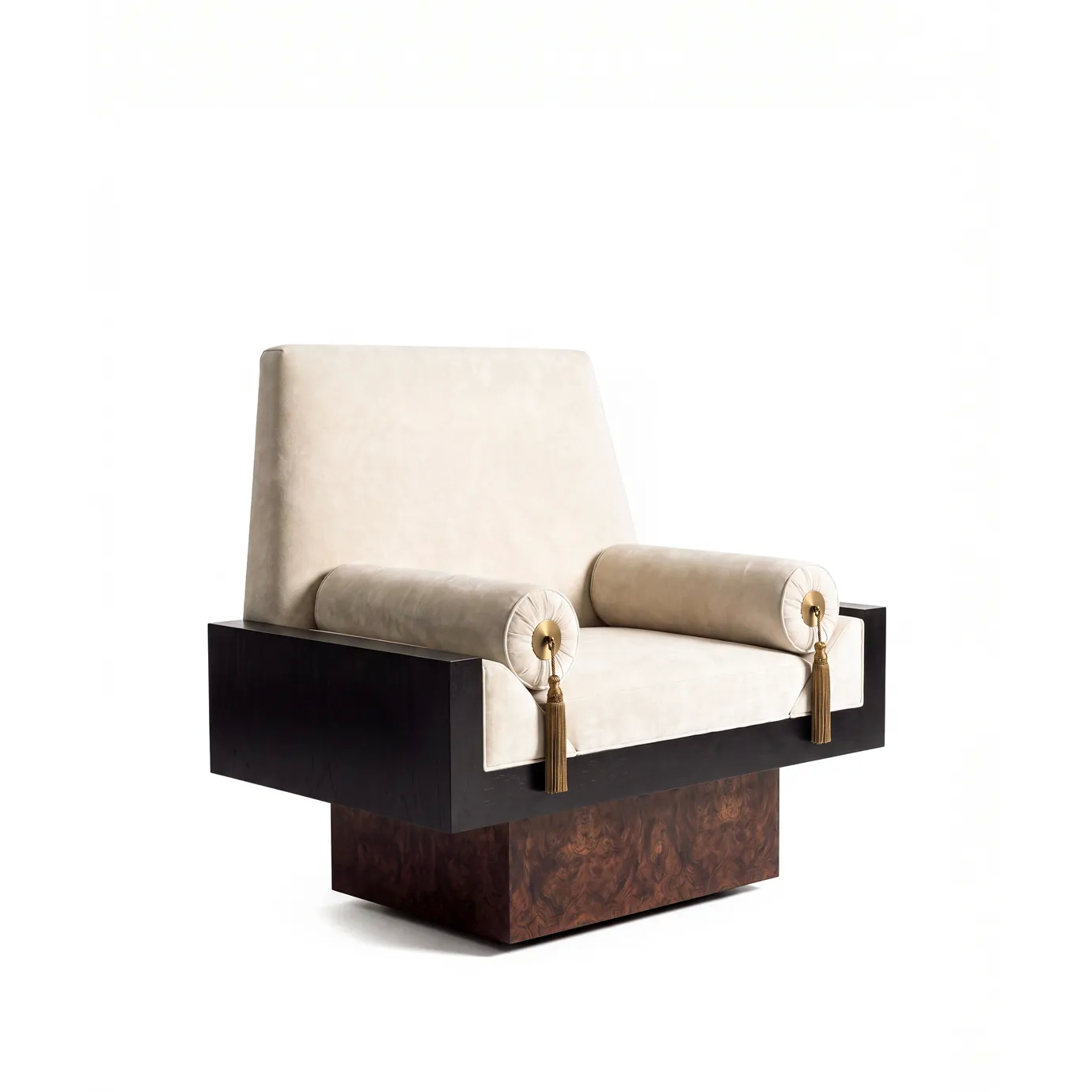 Lola armchair by KOKET at an angle, cream velvet, polished brass medallions, gold tassels, black lacquer frame, walnut base.