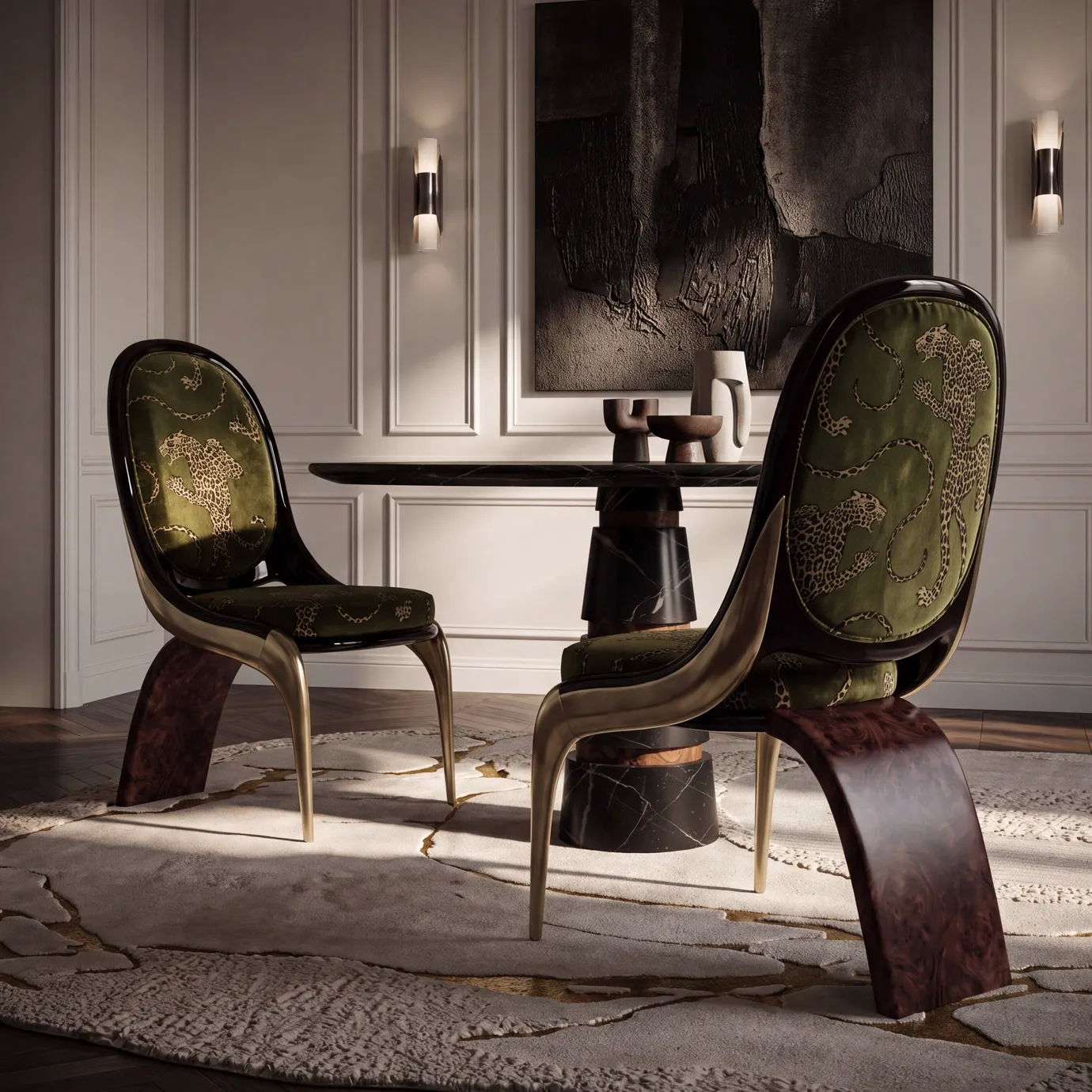 Two Gabrielle dining chairs by KOKET, oval backs in olive leopard-print velvet on sculptural walnut burl bases, in Paris.