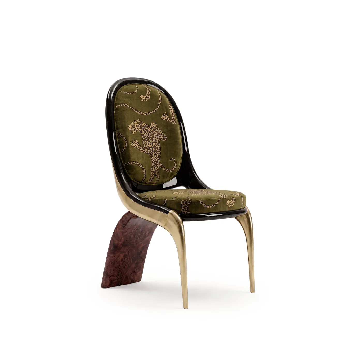 Gabrielle dining chair by KOKET, olive velvet with leopard print, black lacquer back, brushed brass legs, walnut burl blade.