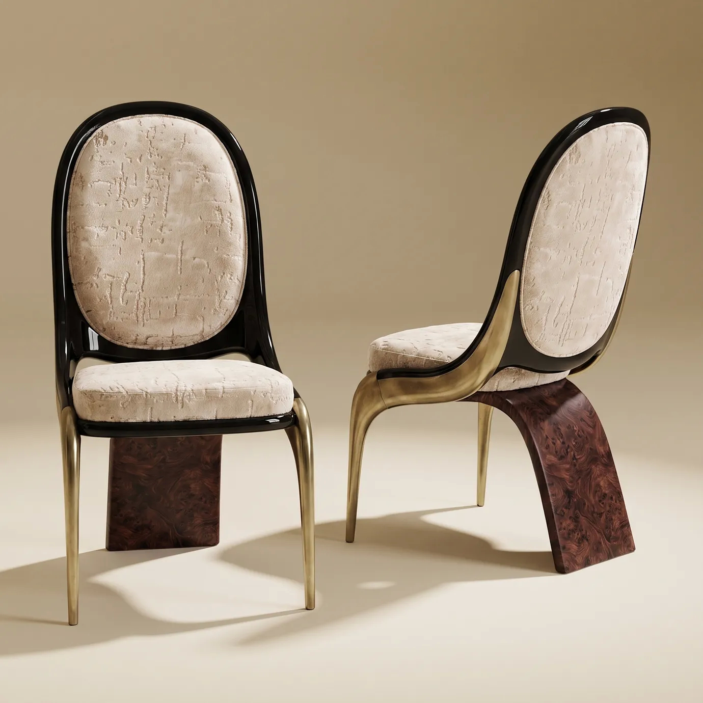 Two Gabrielle dining chairs by KOKET, front and back: oyster velvet, black lacquer back, brushed brass and walnut burl.