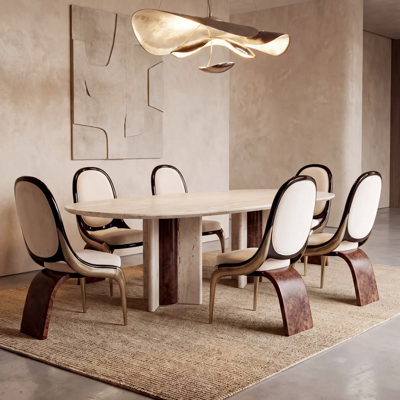 Gabrielle dining chairs by KOKET around a travertine table in a plaster dining room, cream velvet, brushed brass legs.