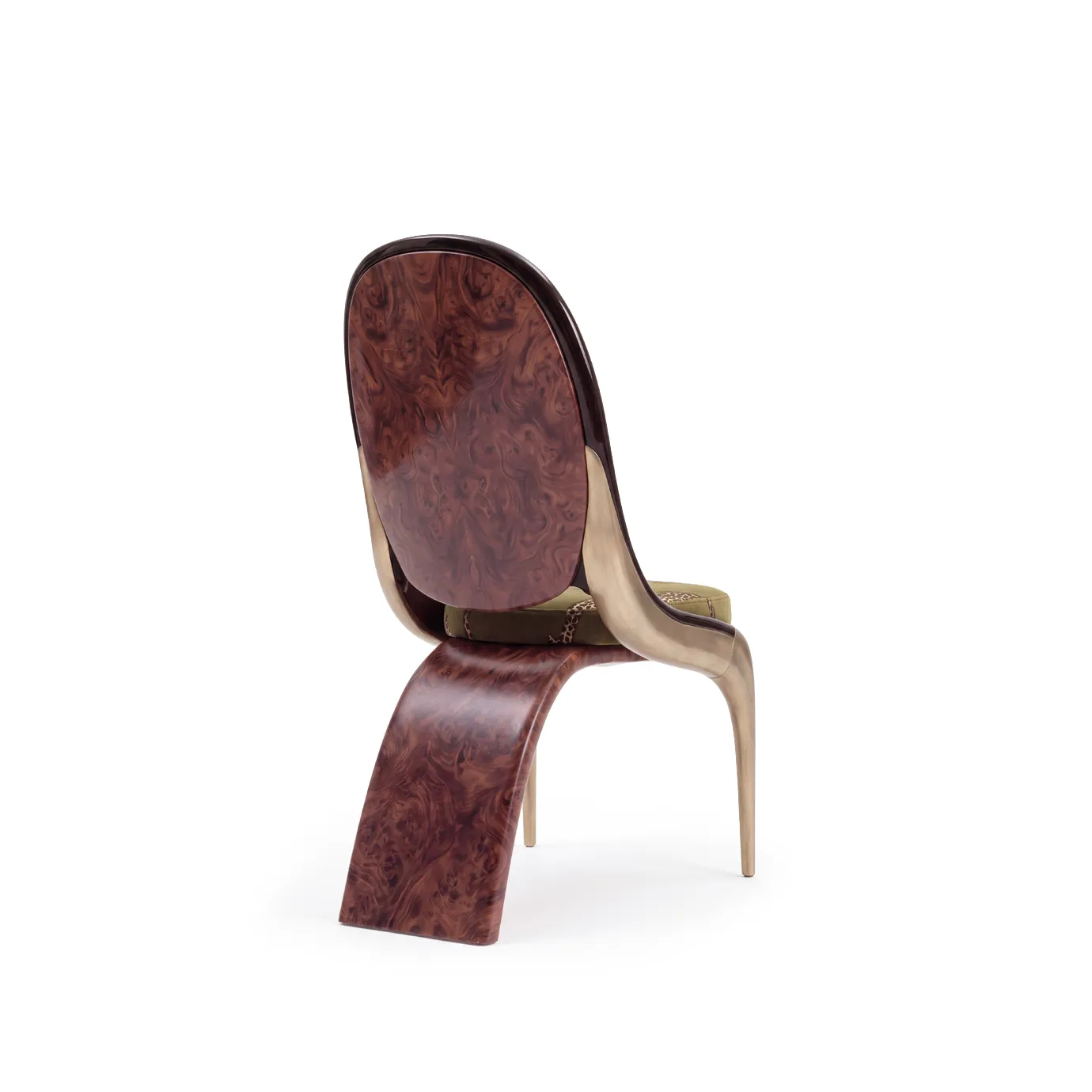 Gabrielle dining chair by KOKET from behind, walnut burl outer back in black lacquer and brass over an olive leopard seat.