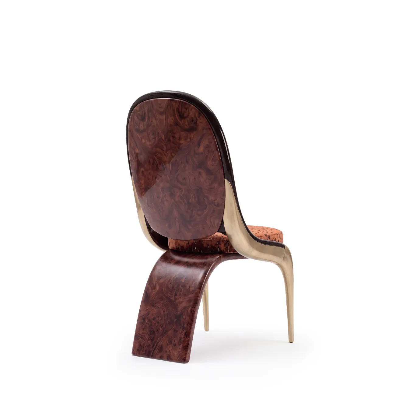 Gabrielle dining chair by KOKET from behind, walnut burl outer back in black lacquer and brass over a rust velvet seat.