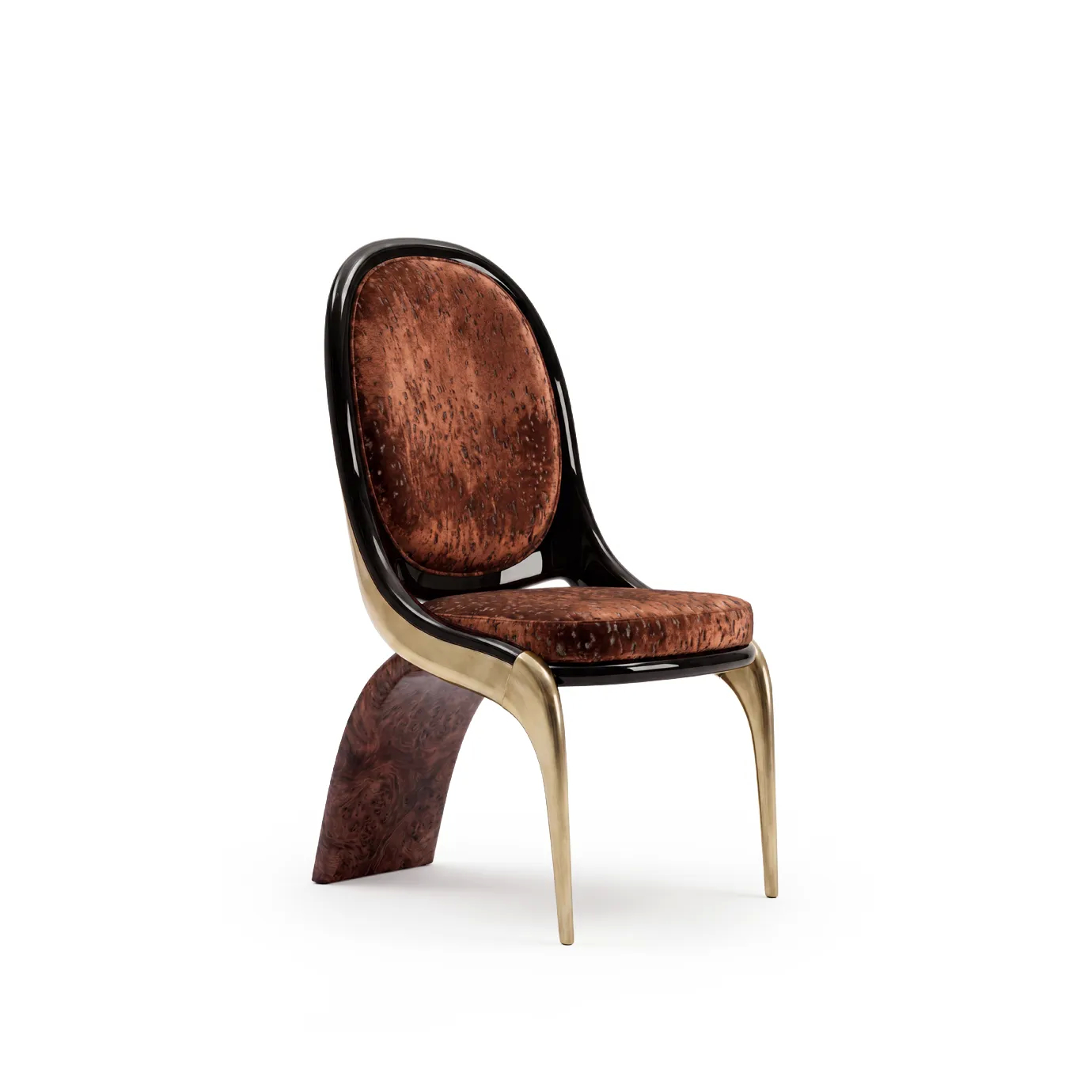 Gabrielle dining chair by KOKET in rust mottled velvet, oval black lacquer back, brushed brass legs and walnut burl blade.