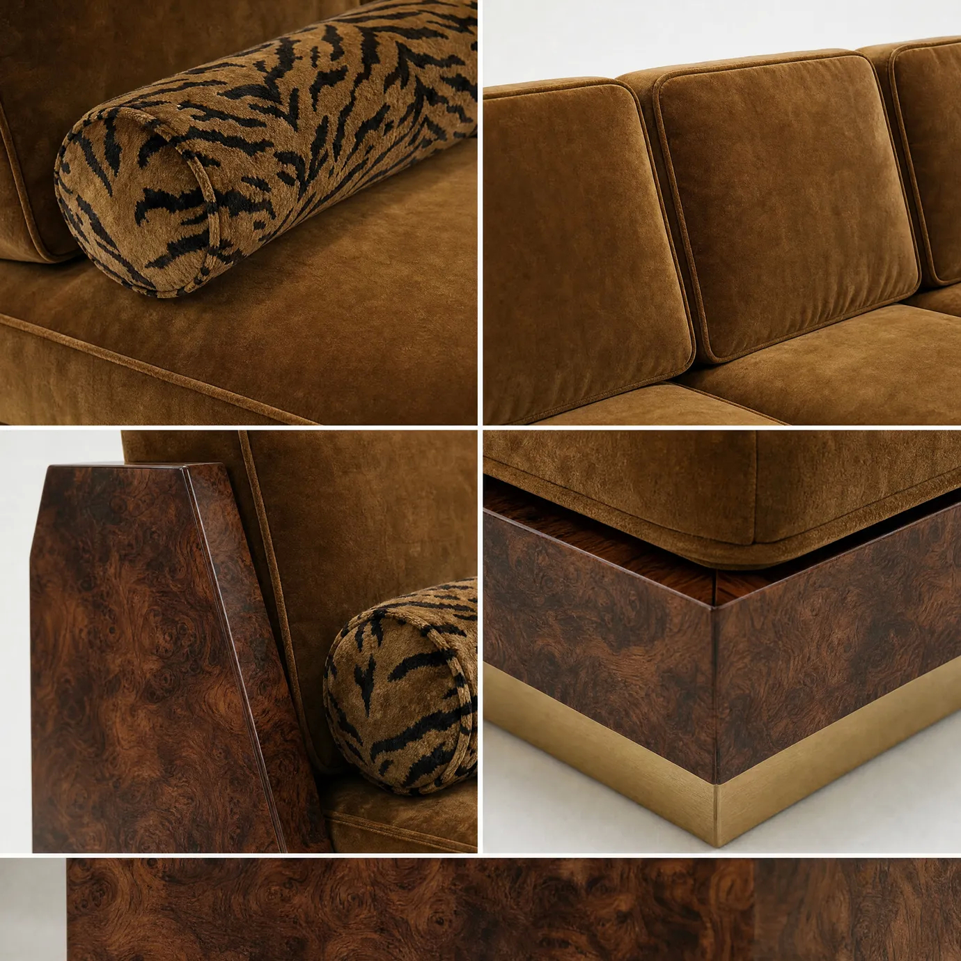 Details of Eileen sofa by KOKET, tiger-print bolster, amber velvet with piping, walnut burl base and aged brass plinth.