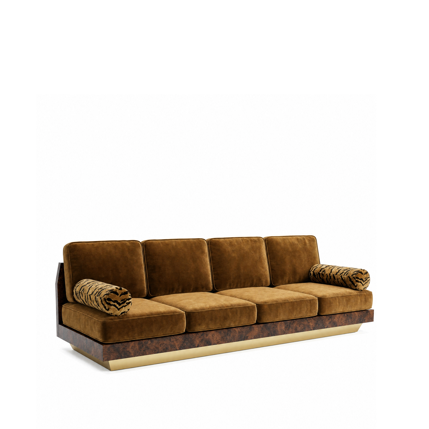 Eileen sofa by KOKET, three-quarter view, four amber velvet seats, tiger-print bolsters, walnut burl base, aged brass plinth.