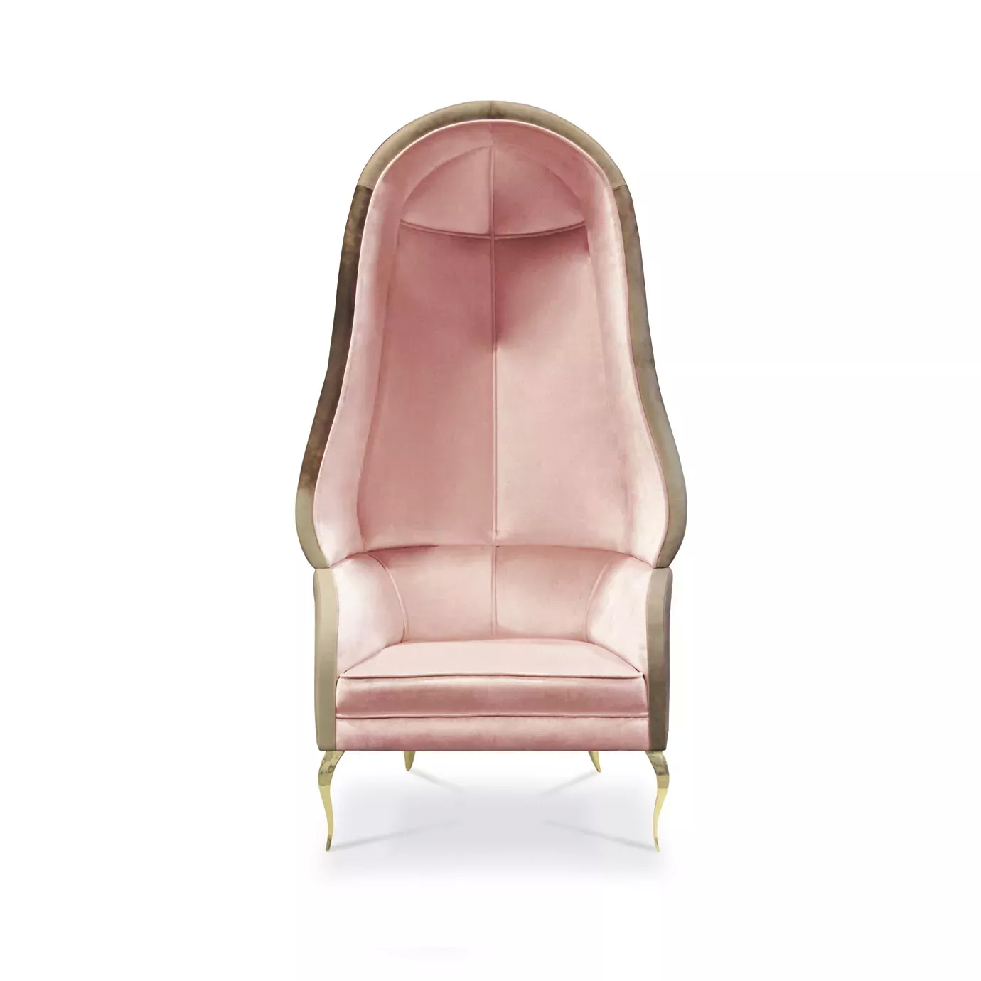 Elegant Drapesse Chair with a tall Watermark leather back in shades of brown and soft pink velvet upholstery with golden legs.