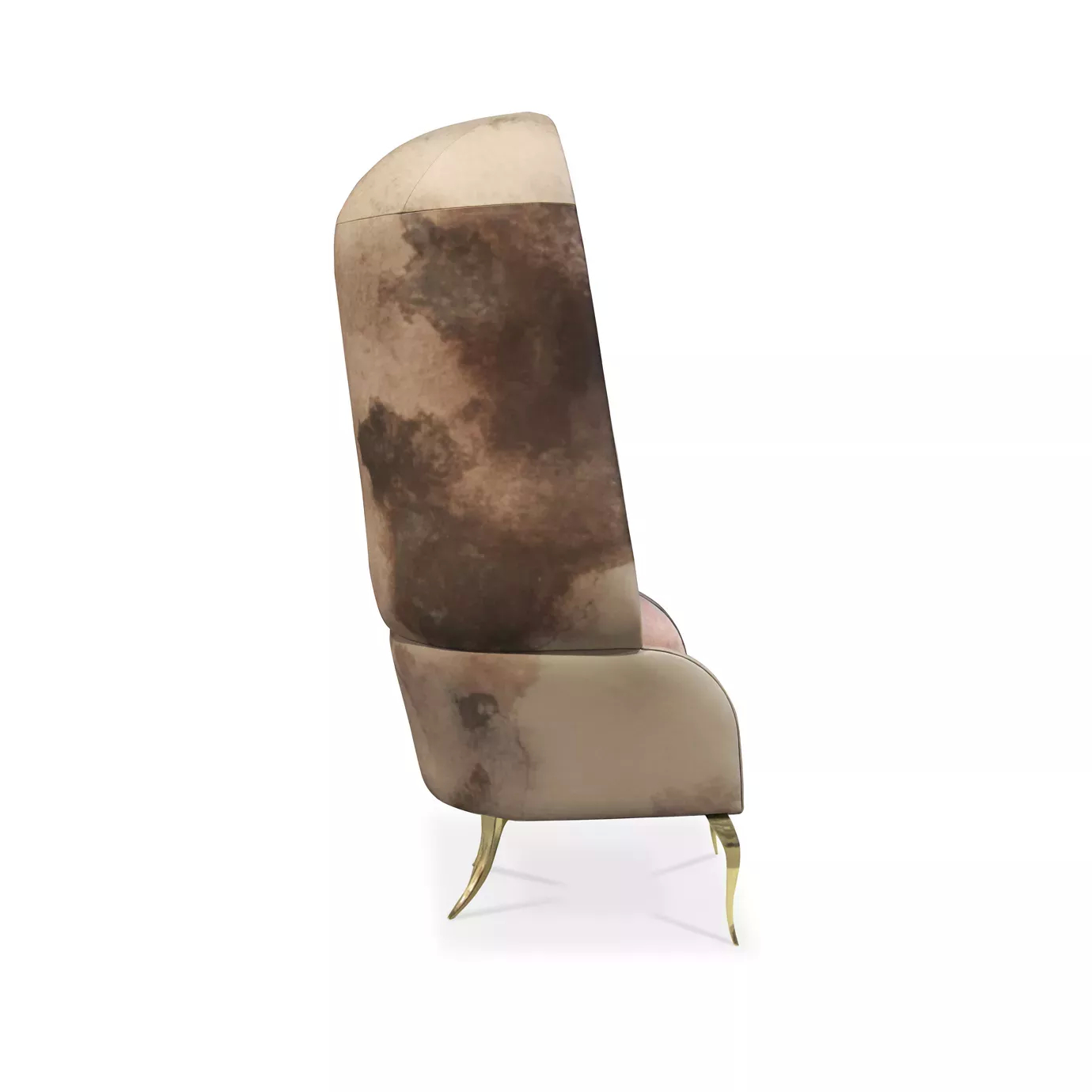 Elegant side view of Drapesse Chair with a tall Watermark leather back in shades of brown and soft pink velvet upholstery with golden legs.