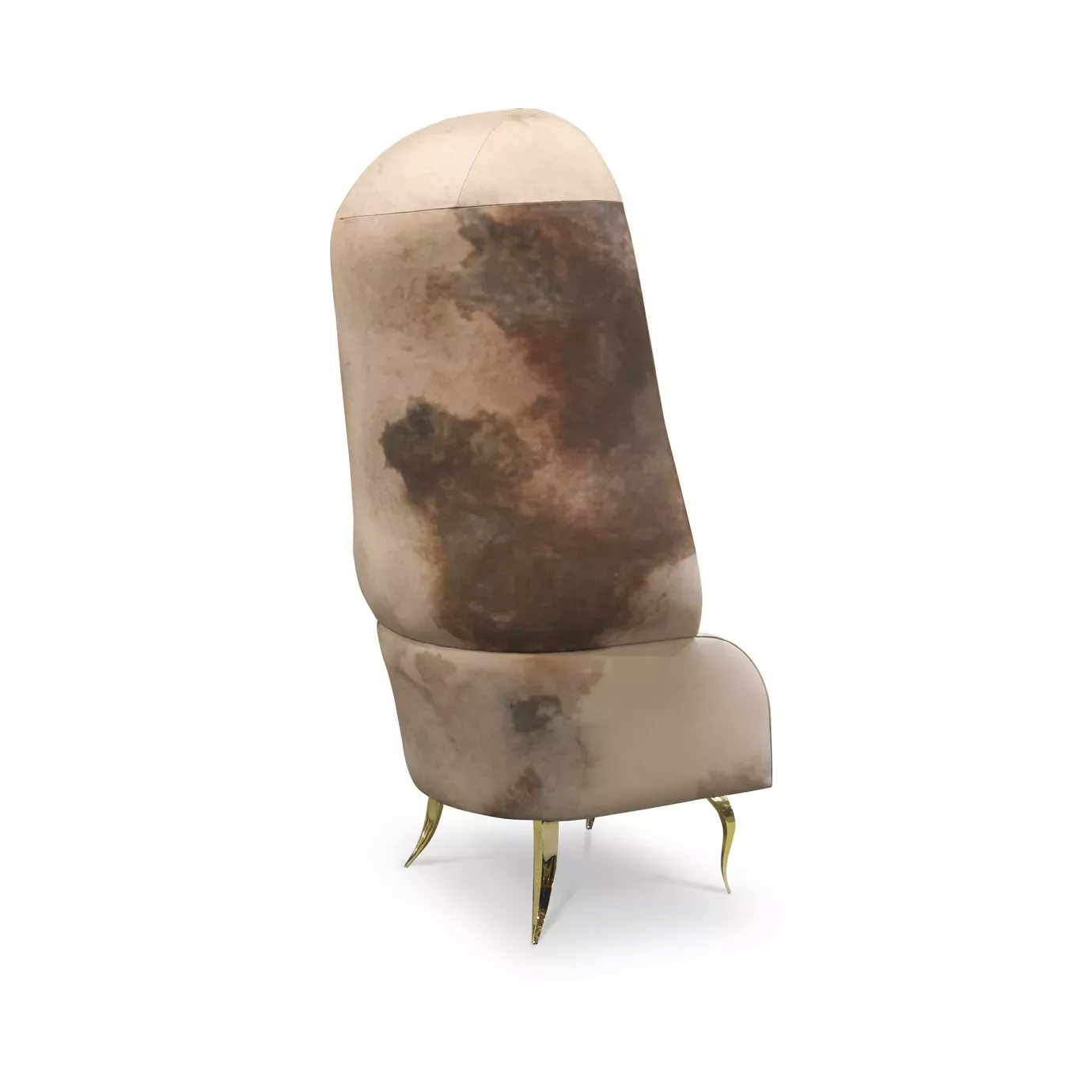 Elegant side view of Drapesse Chair with a tall Watermark leather back in shades of brown and soft pink velvet upholstery with golden legs.