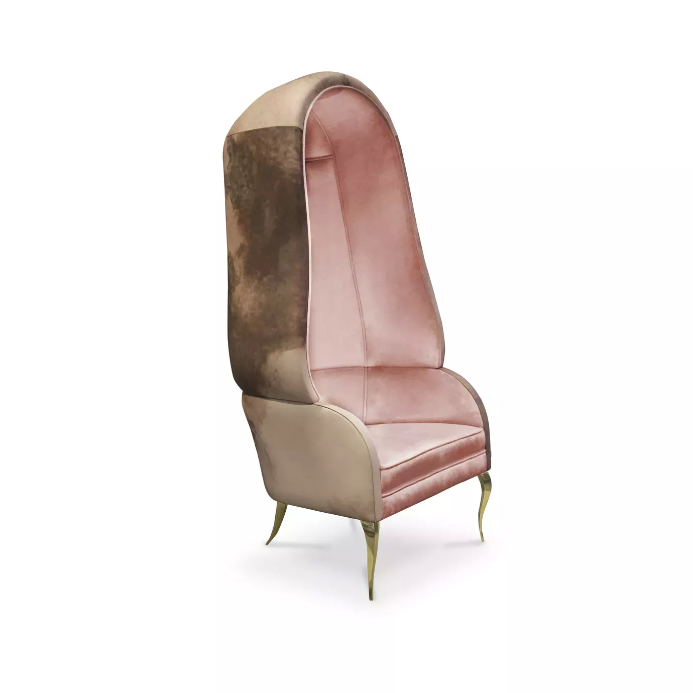 Elegant Drapesse Chair with a tall Watermark leather back in shades of brown and soft pink velvet upholstery with golden legs.