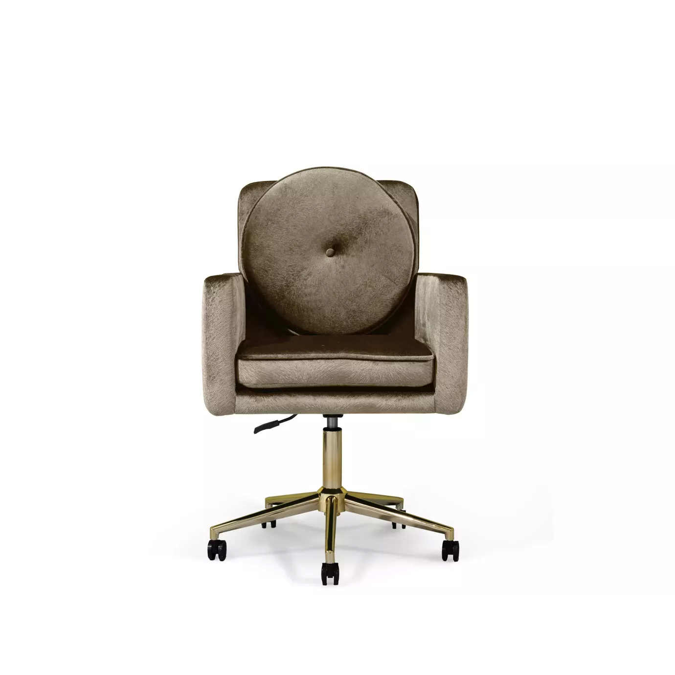 Elegant Hemma Office Chair upholstered in brown velvet with a golden swivel base and black wheels.