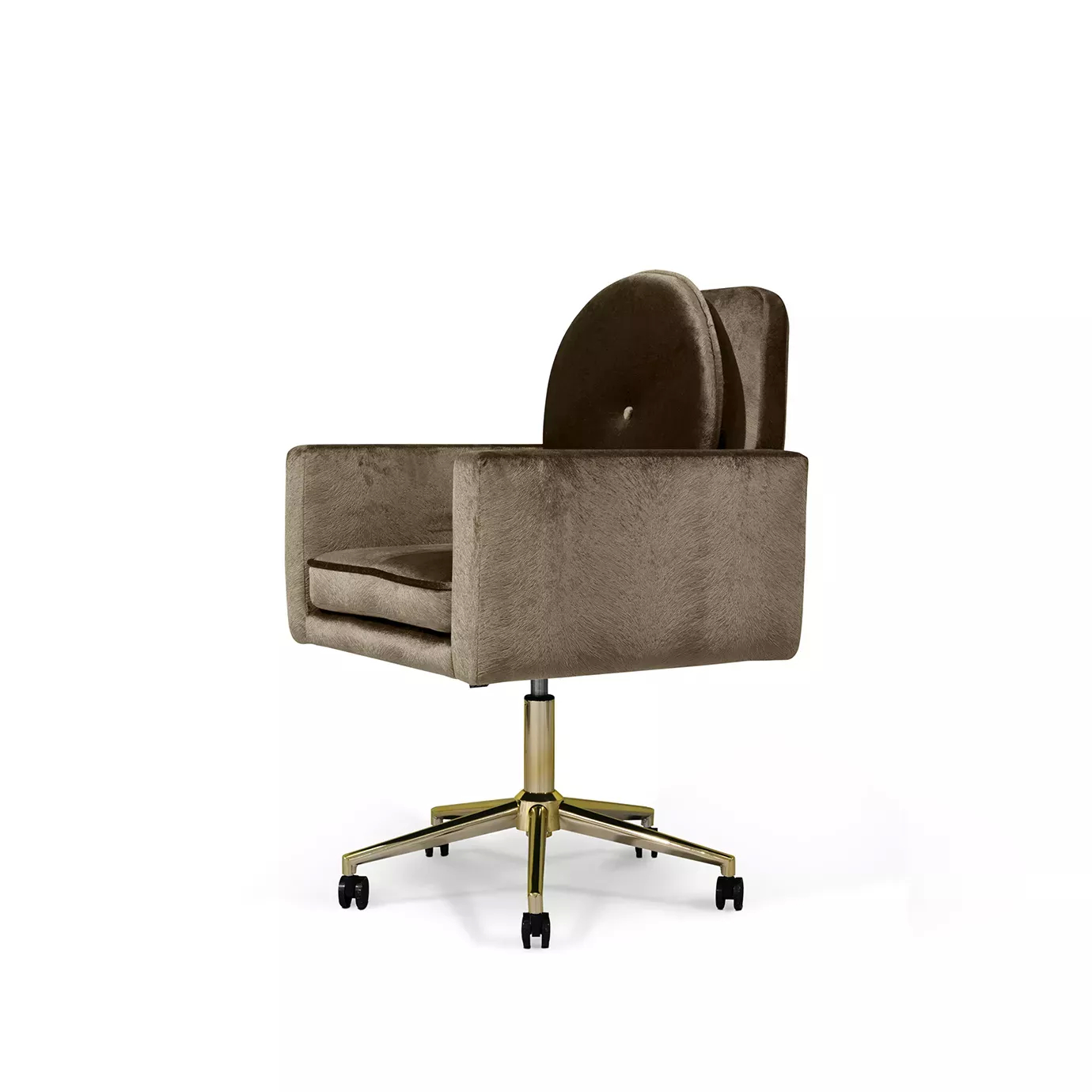 Elegant side view of Hemma Office Chair upholstered in brown velvet with a golden swivel base and black wheels.